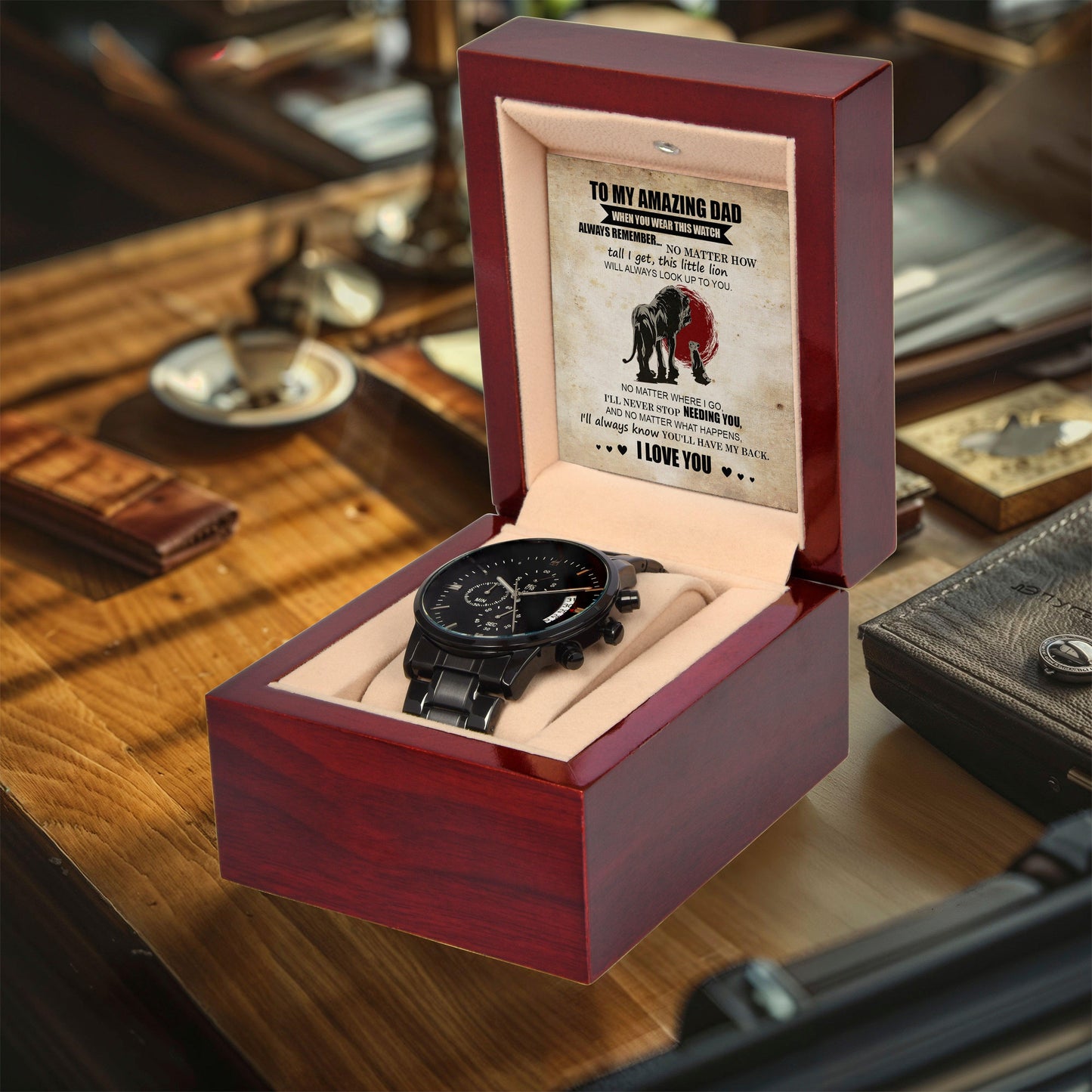 Dad Gift - This Little Lion Will Always Look Up to You - Black Chronograph Watch - Mallard Moon Gift Shop