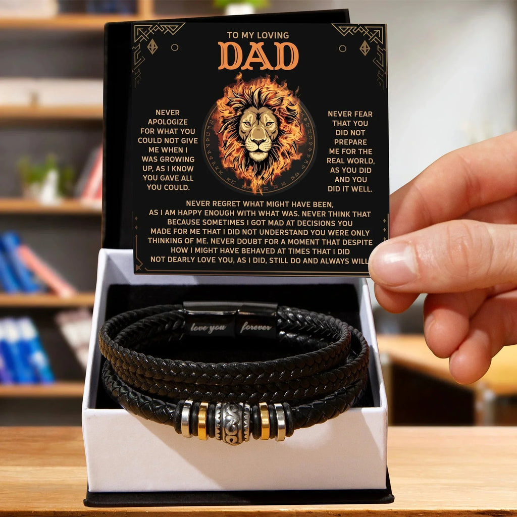 To My Loving Dad Leather Bracelet Gift – Unconditional Love and Appreciation Lion Message Card - Thoughtful Father's Day or Birthday Gift from Son or Daughter