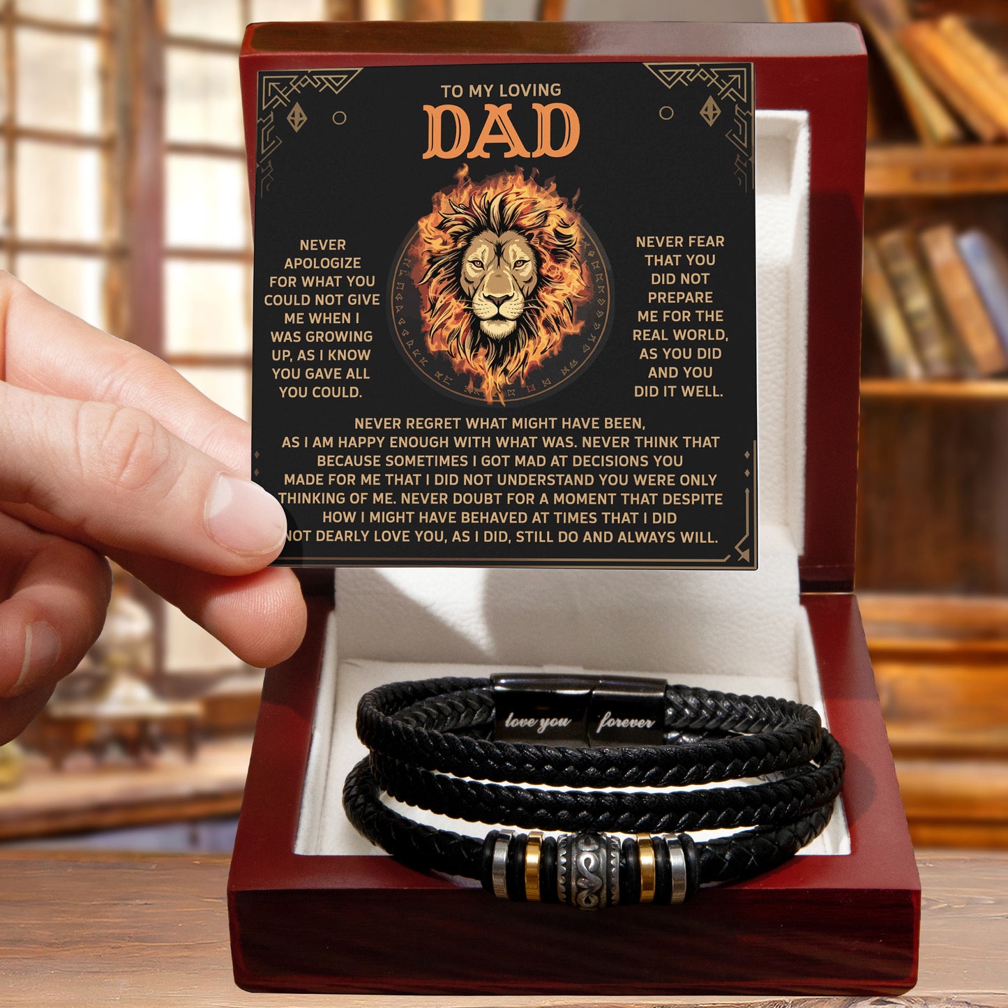 To My Loving Dad Leather Bracelet Gift – Unconditional Love and Appreciation Lion Message Card - Thoughtful Father's Day or Birthday Gift from Son or Daughter - Mallard Moon Gift Shop