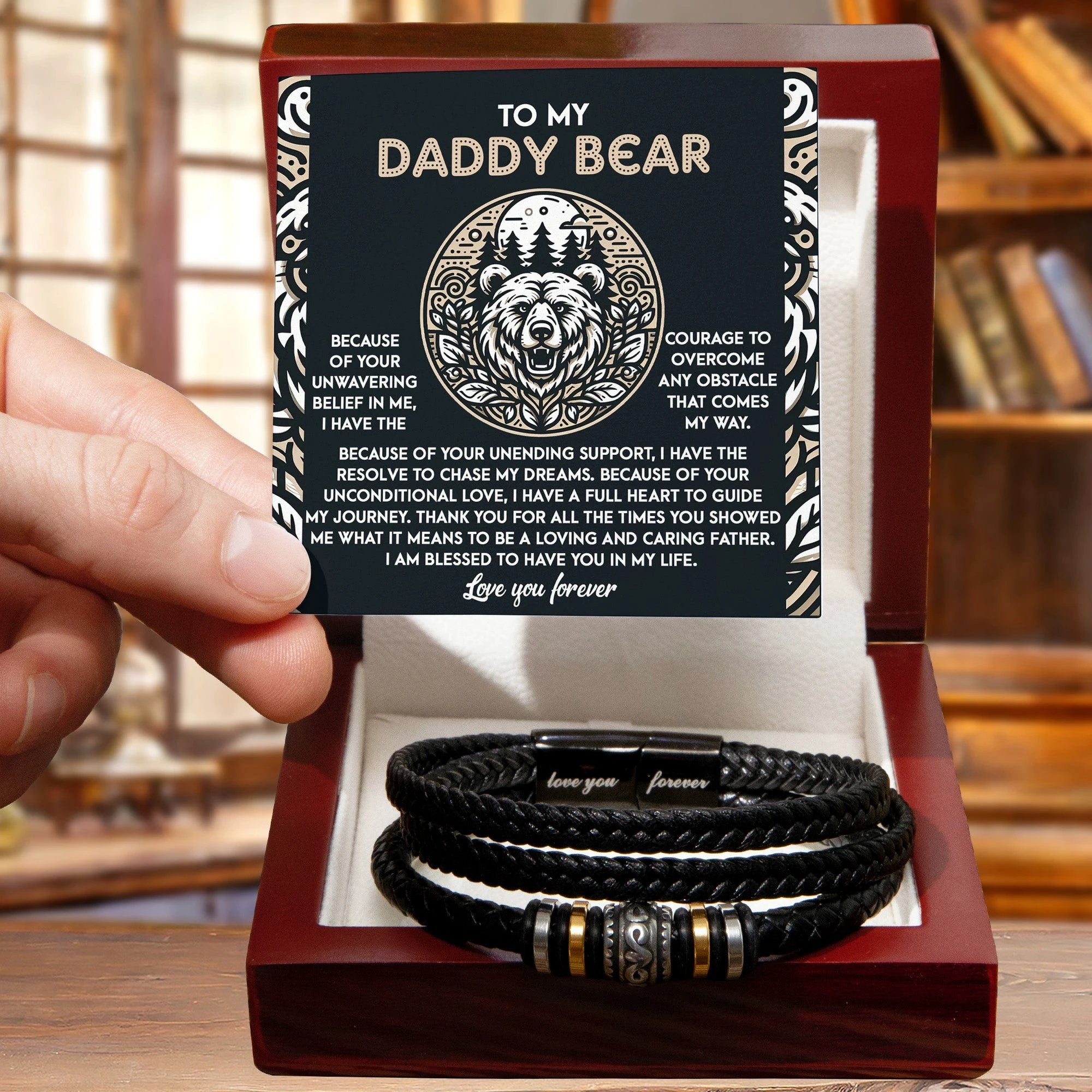 To My Daddy Bear Leather Bracelet with Message Card – Unwavering Belief & Support – Father's Day, Birthday, or Christmas Gift for Dad