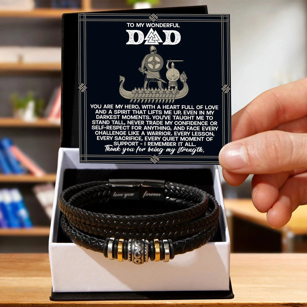 Dad - You are my Hero - Braided Vegan Leather Bracelet with Viking Heartfelt Message Card Birthday, Father's Day, Christmas Gift
