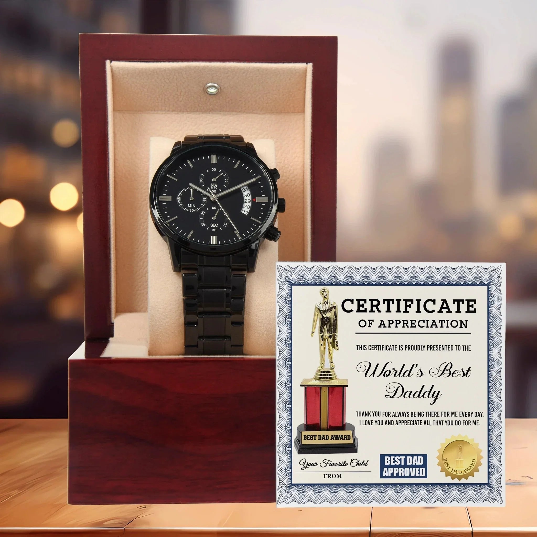 Dad Gift Certificate of World's Best Daddy Black Chronograph Watch