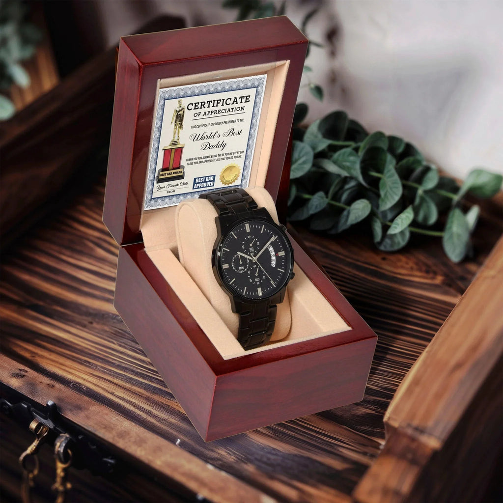 Dad Gift Certificate of World's Best Daddy Black Chronograph Watch