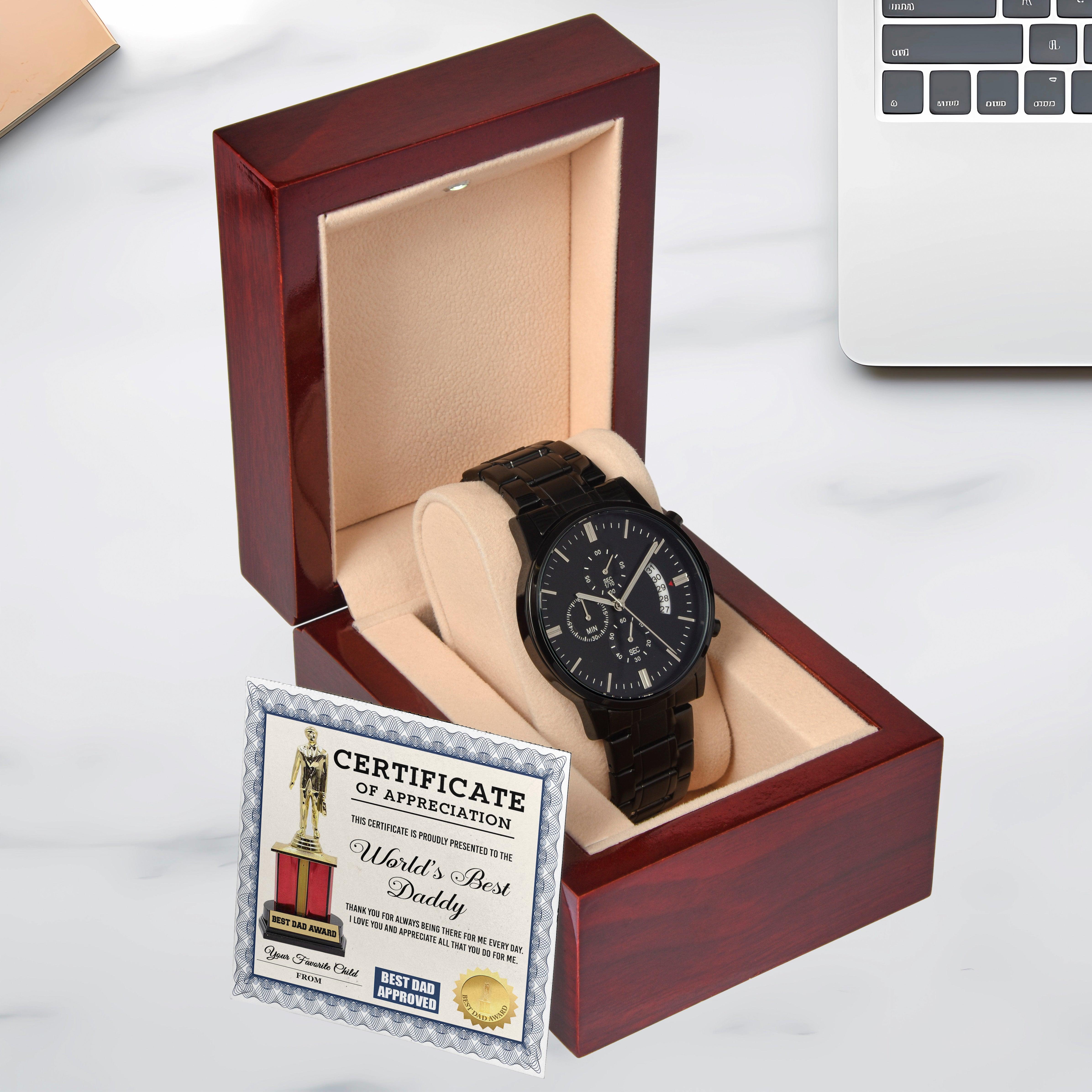 Dad Gift Certificate of  World's Best Daddy Black Chronograph Watch - Mallard Moon Gift Shop