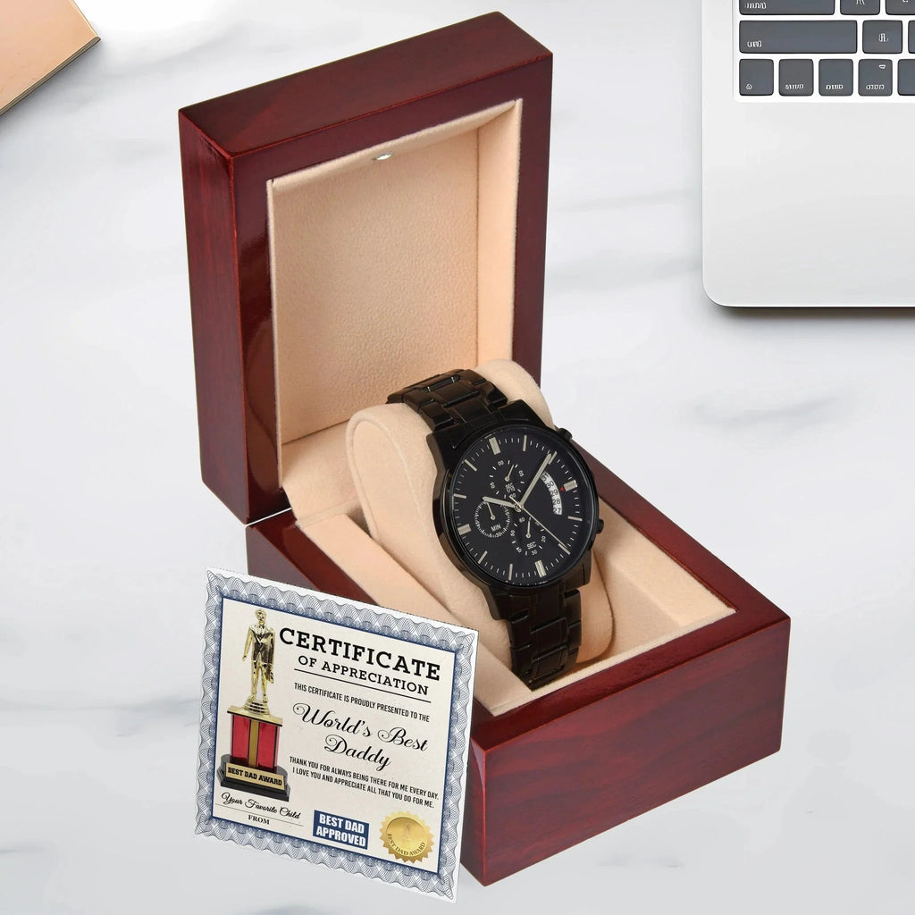 Dad Gift Certificate of World's Best Daddy Black Chronograph Watch