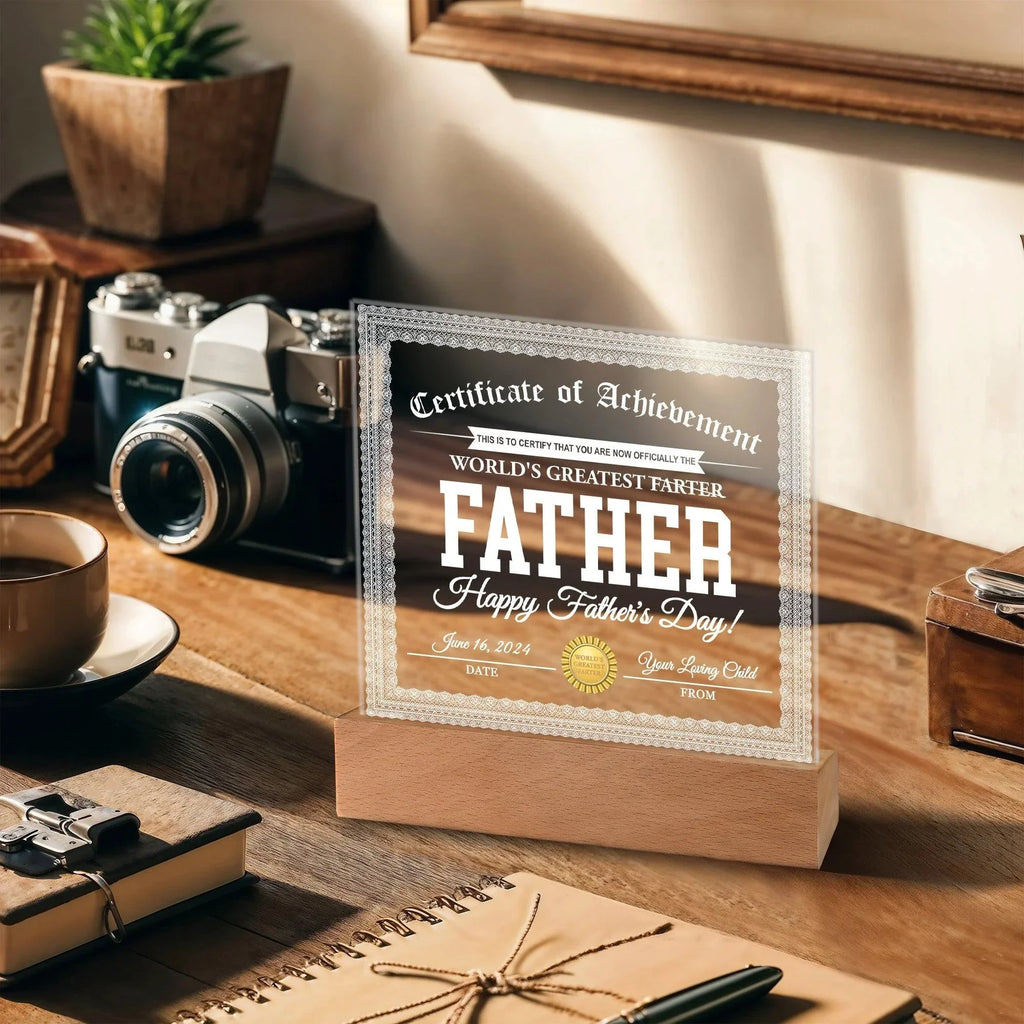 Funny Personalized Father's Day Gift "World’s Greatest Farter" Certificate Acrylic Plaque with LED Light Base