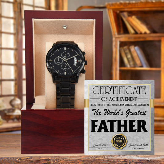 Dad Certificate of Achievement for the World's Greatest Father Black Chronograph Watch - Mallard Moon Gift Shop