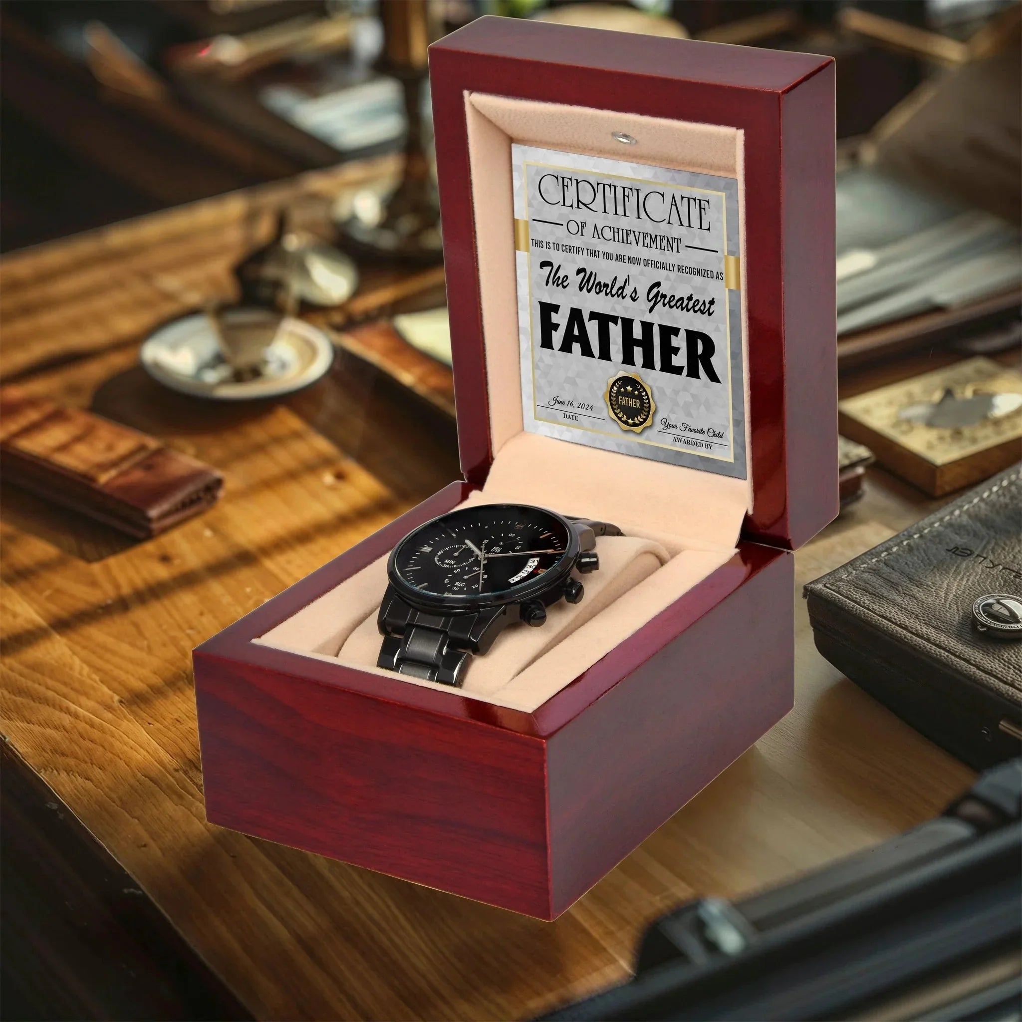 Dad Certificate of Achievement for the World's Greatest Father Black Chronograph Watch