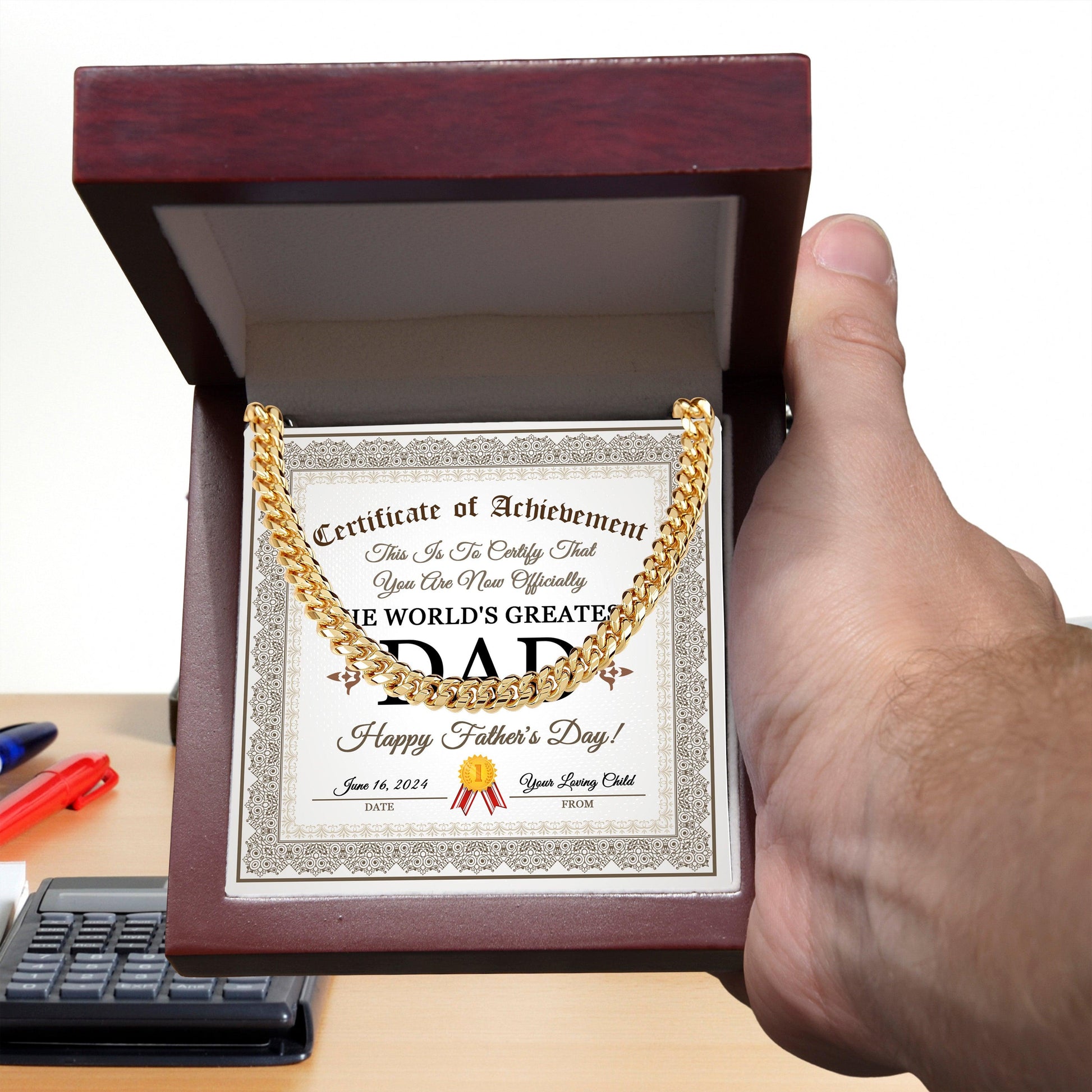 Dad Happy Father's Day Certificate of Achievement Cuban Chain Link Necklace with Gift Box - Mallard Moon Gift Shop