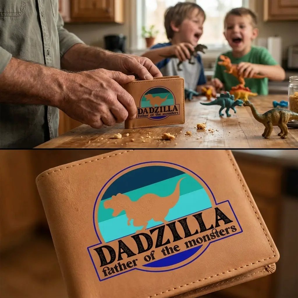 Dadzilla Leather Wallet Funny Dad Gift T Rex Dinosaur Wallet Father of Monsters Bifold Wallet Unique Fathers Day Gift for Him