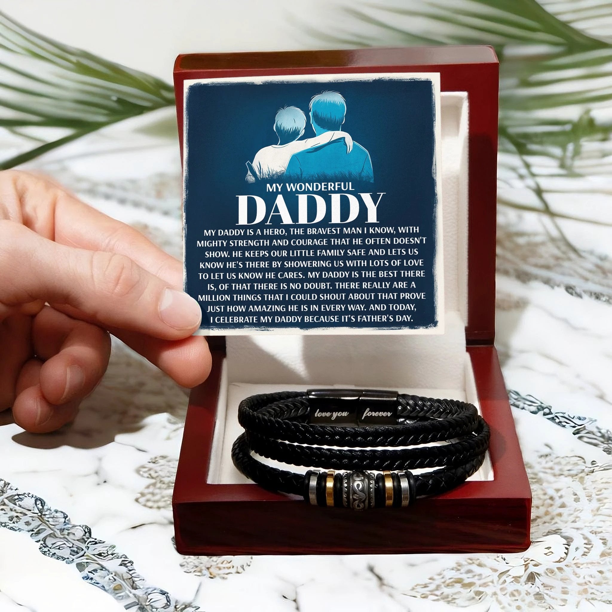My Wonderful Daddy - Men's Vegan Leather Bracelet with Message Card - Meaningful Gift for Dad from Son or Daughter