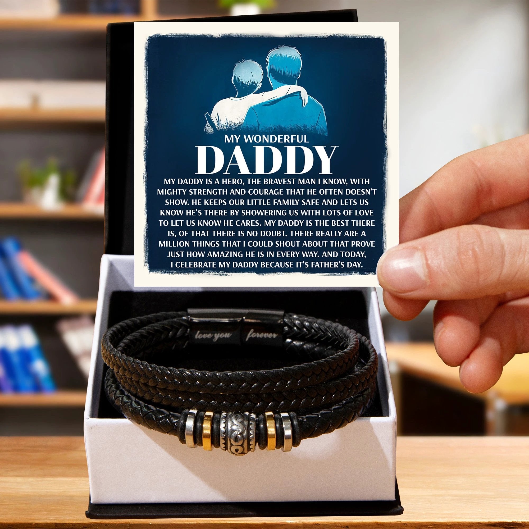 My Wonderful Daddy - Men's Vegan Leather Bracelet with Message Card - Meaningful Gift for Dad from Son or Daughter