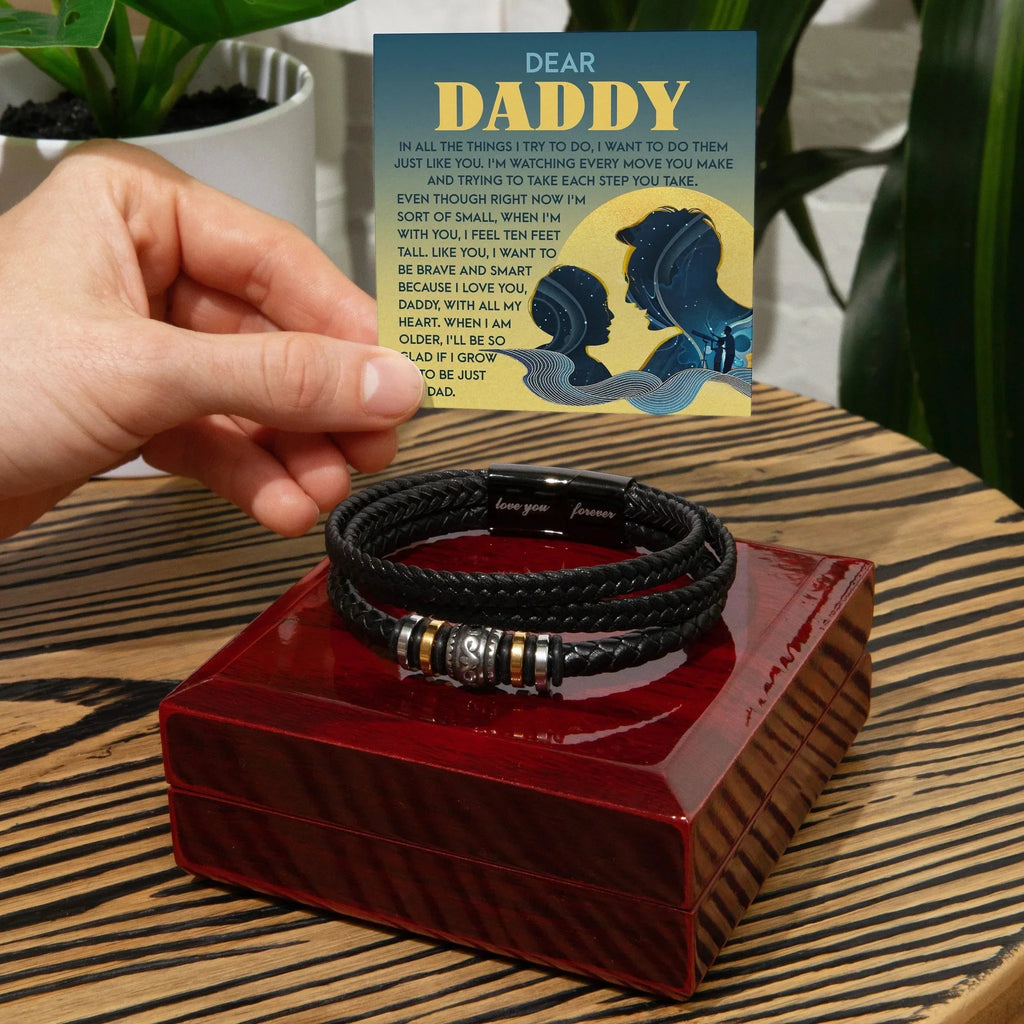 Dear Daddy Men's Vegan Leather Bracelet Birthday, Father's Day Gift with Heartfelt “Just Like You” Message Card for Dad from Son or Daughter