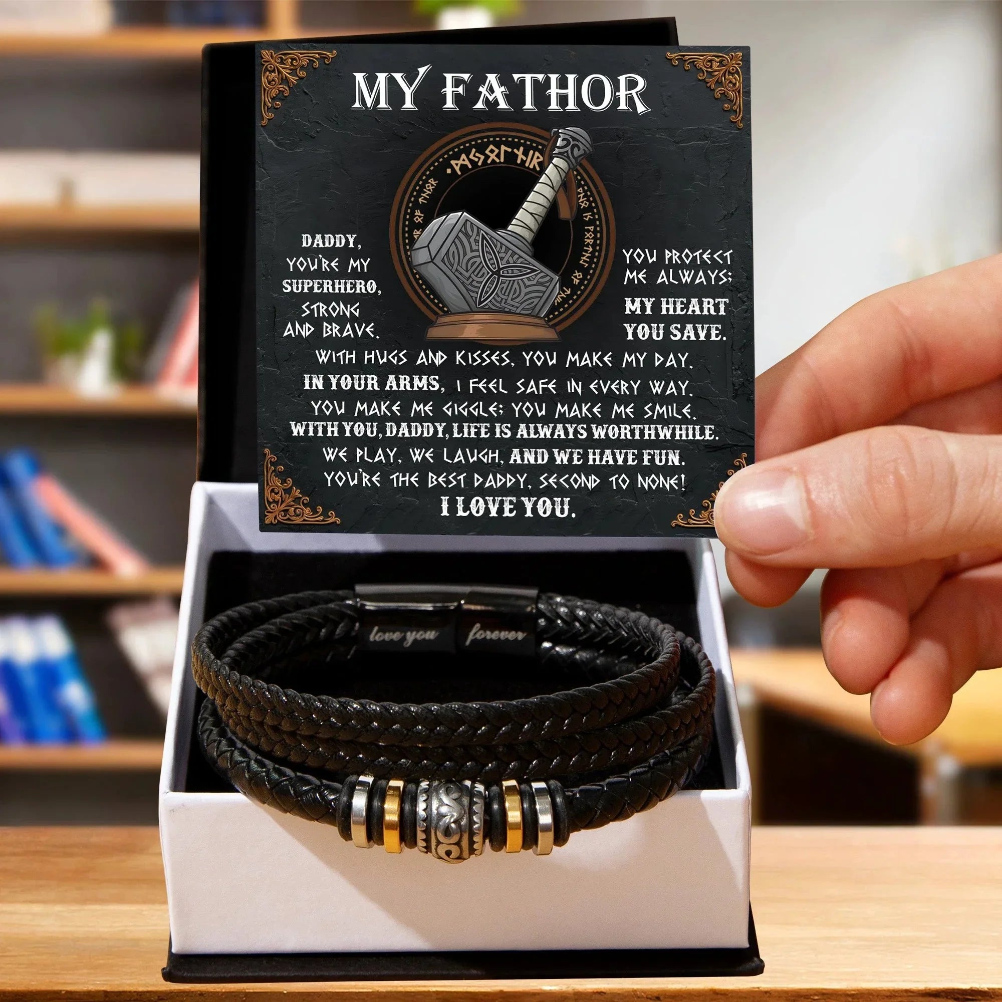 My Father Superhero Viking Men's Vegan Leather Bracelet with Norse-Inspired Superhero Message Card - Unique Gift for Dad from Son or Daughter