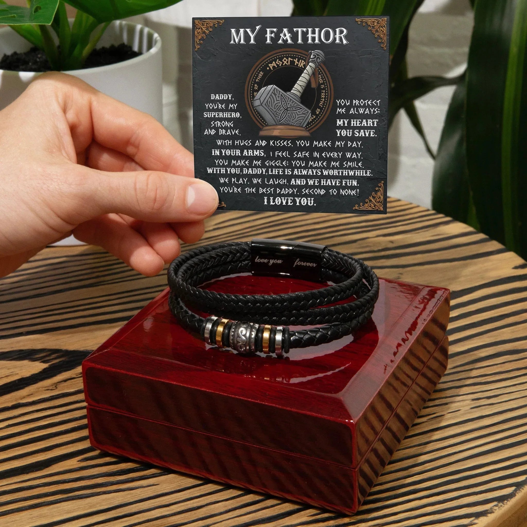 My Father Superhero Viking Men's Vegan Leather Bracelet with Norse-Inspired Superhero Message Card - Unique Gift for Dad from Son or Daughter