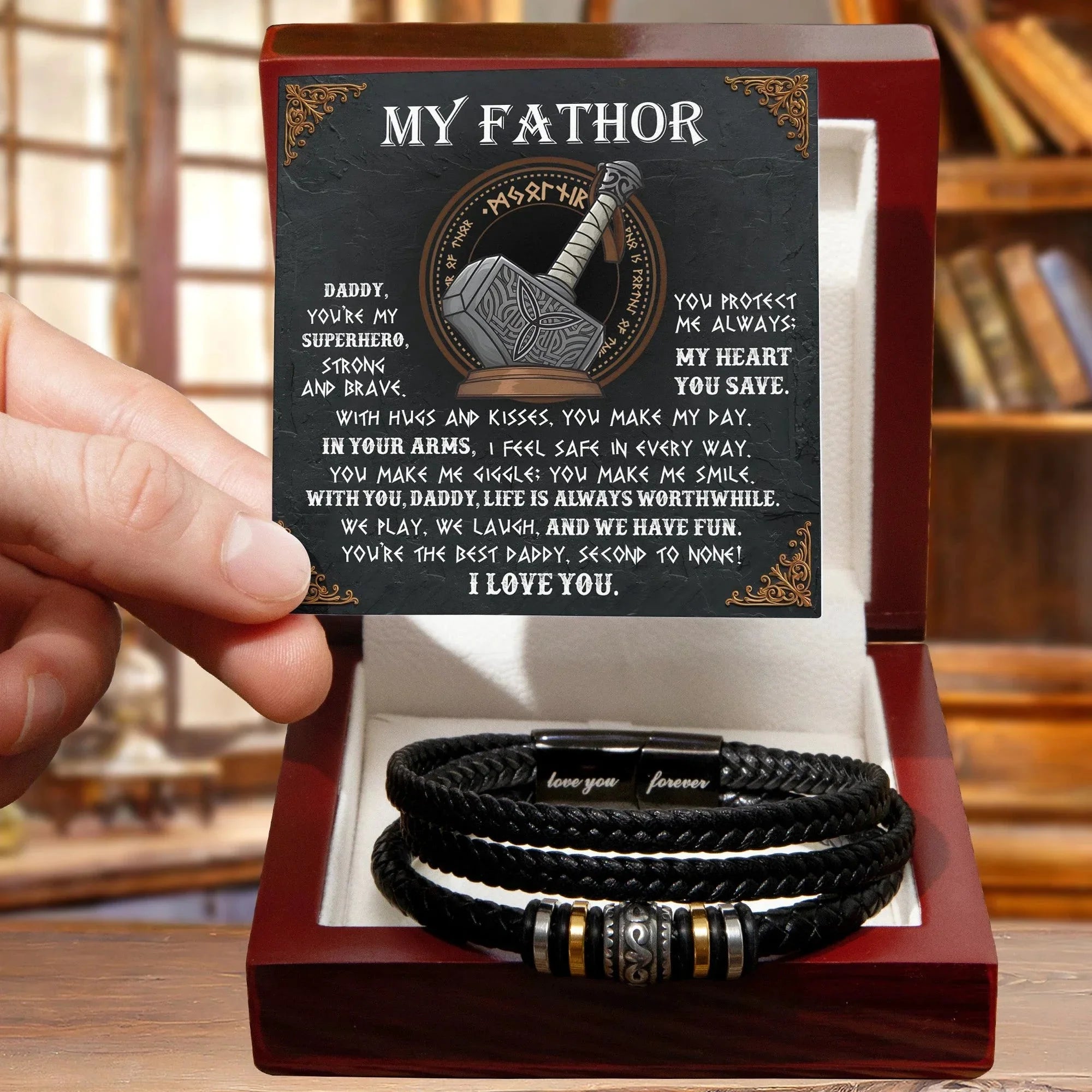 My Father Superhero Viking Men's Vegan Leather Bracelet with Norse-Inspired Superhero Message Card - Unique Gift for Dad from Son or Daughter