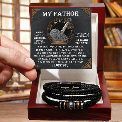 My Father Superhero Viking Men's Vegan Leather Bracelet with Norse-Inspired Superhero Message Card - Unique Gift for Dad from Son or Daughter - Mallard Moon Gift Shop