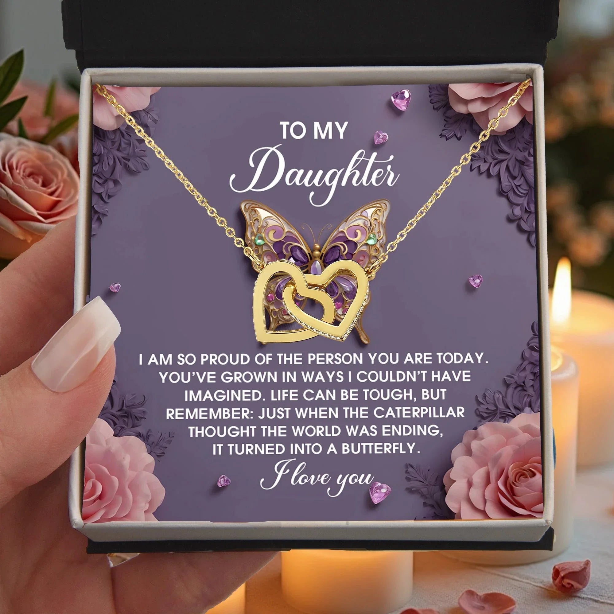 To My Daughter - Interlocking Hearts Necklace – Butterfly Transformation Message – Surgical Steel & Rose Gold Jewelry Gift for Birthday, Graduation, Christmas – Luxury LED Box Option