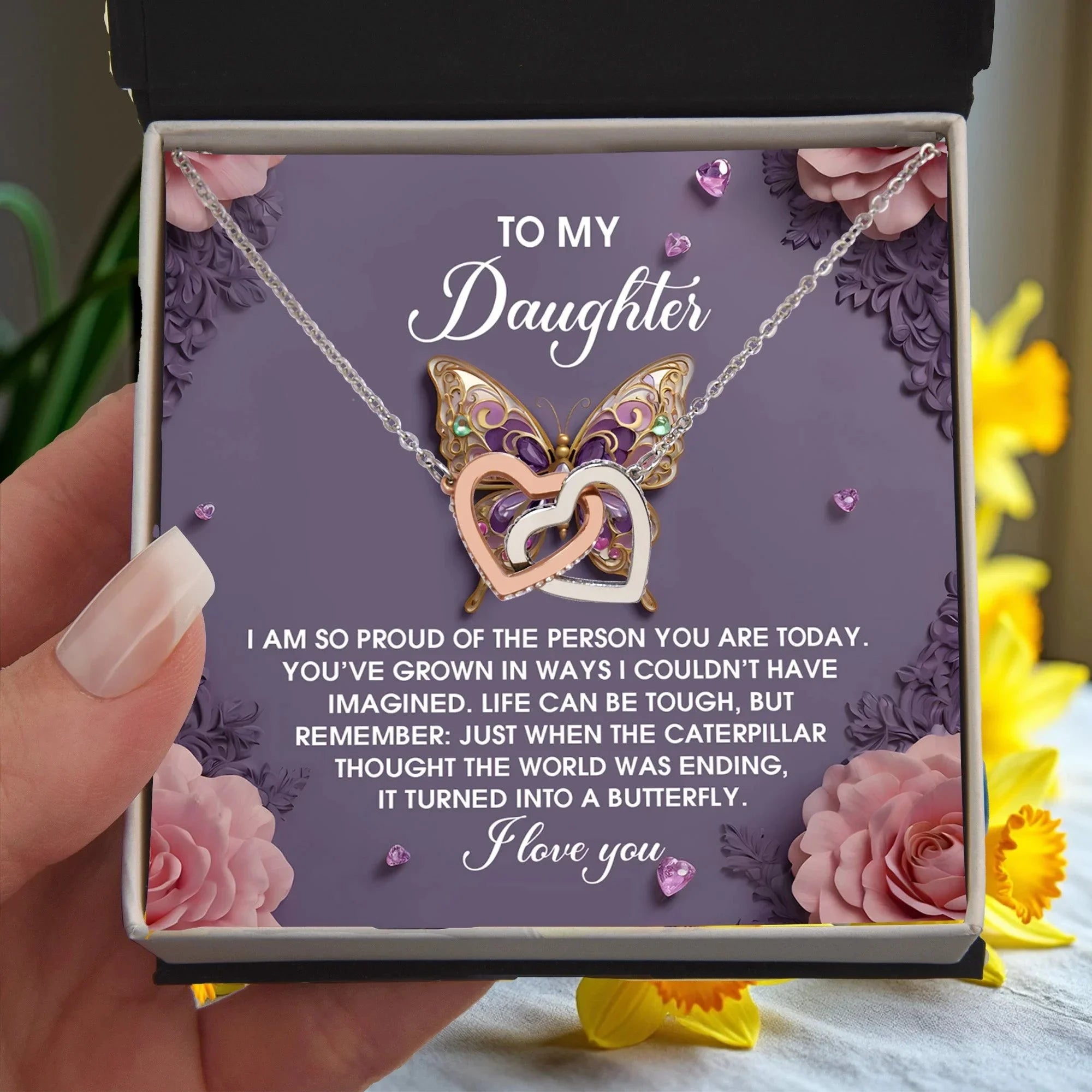 To My Daughter - Interlocking Hearts Necklace – Butterfly Transformation Message – Surgical Steel & Rose Gold Jewelry Gift for Birthday, Graduation, Christmas – Luxury LED Box Option