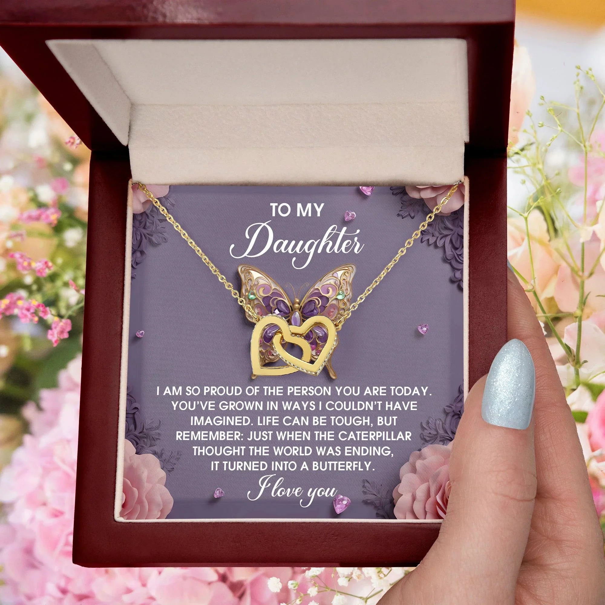 To My Daughter - Interlocking Hearts Necklace – Butterfly Transformation Message – Surgical Steel & Rose Gold Jewelry Gift for Birthday, Graduation, Christmas – Luxury LED Box Option