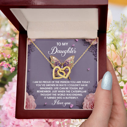 To My Daughter - Interlocking Hearts Necklace – Butterfly Transformation Message – Surgical Steel & Rose Gold Jewelry Gift for Birthday, Graduation, Christmas – Luxury LED Box Option - Mallard Moon Gift Shop