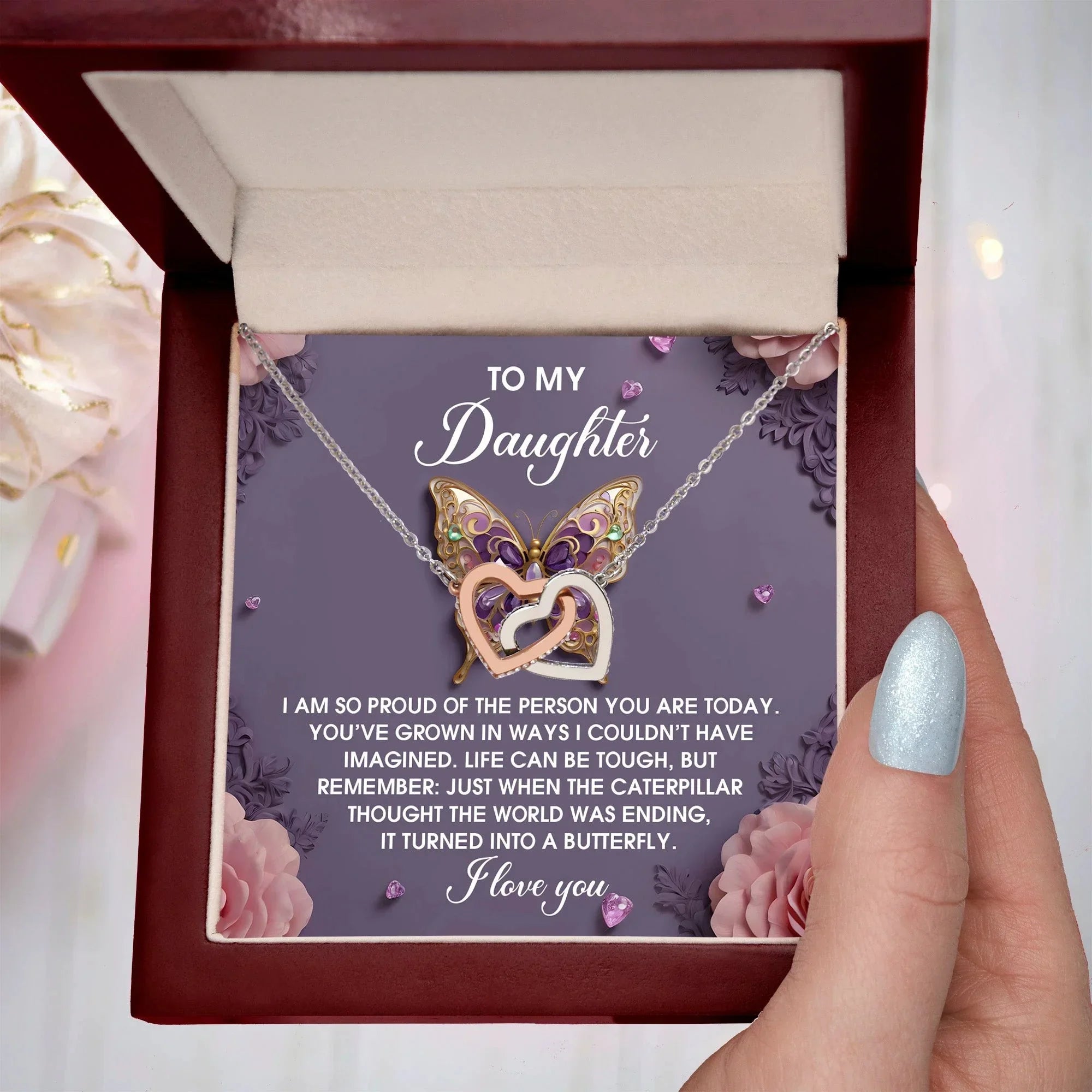 To My Daughter - Interlocking Hearts Necklace – Butterfly Transformation Message – Surgical Steel & Rose Gold Jewelry Gift for Birthday, Graduation, Christmas – Luxury LED Box Option