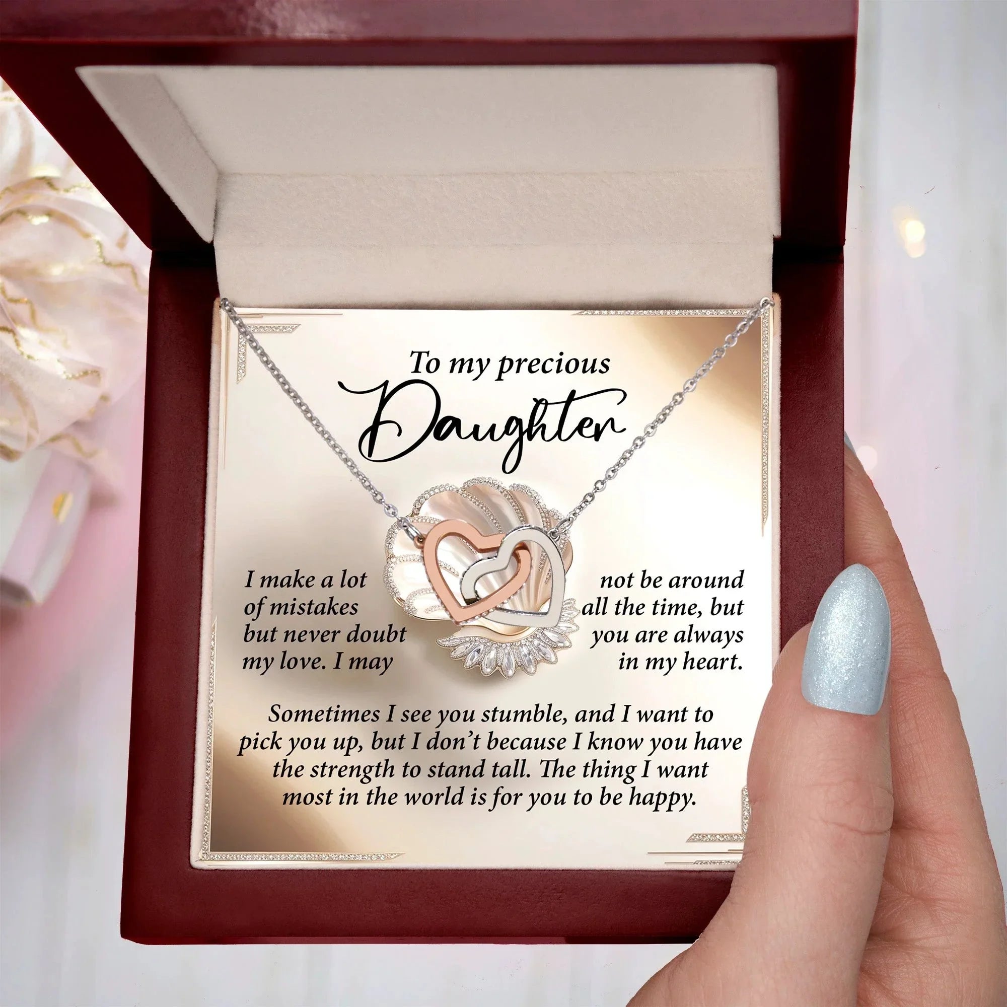 To My Precious Daughter - Heartfelt Gift of Love & Strength - Interlocking Hearts Necklace