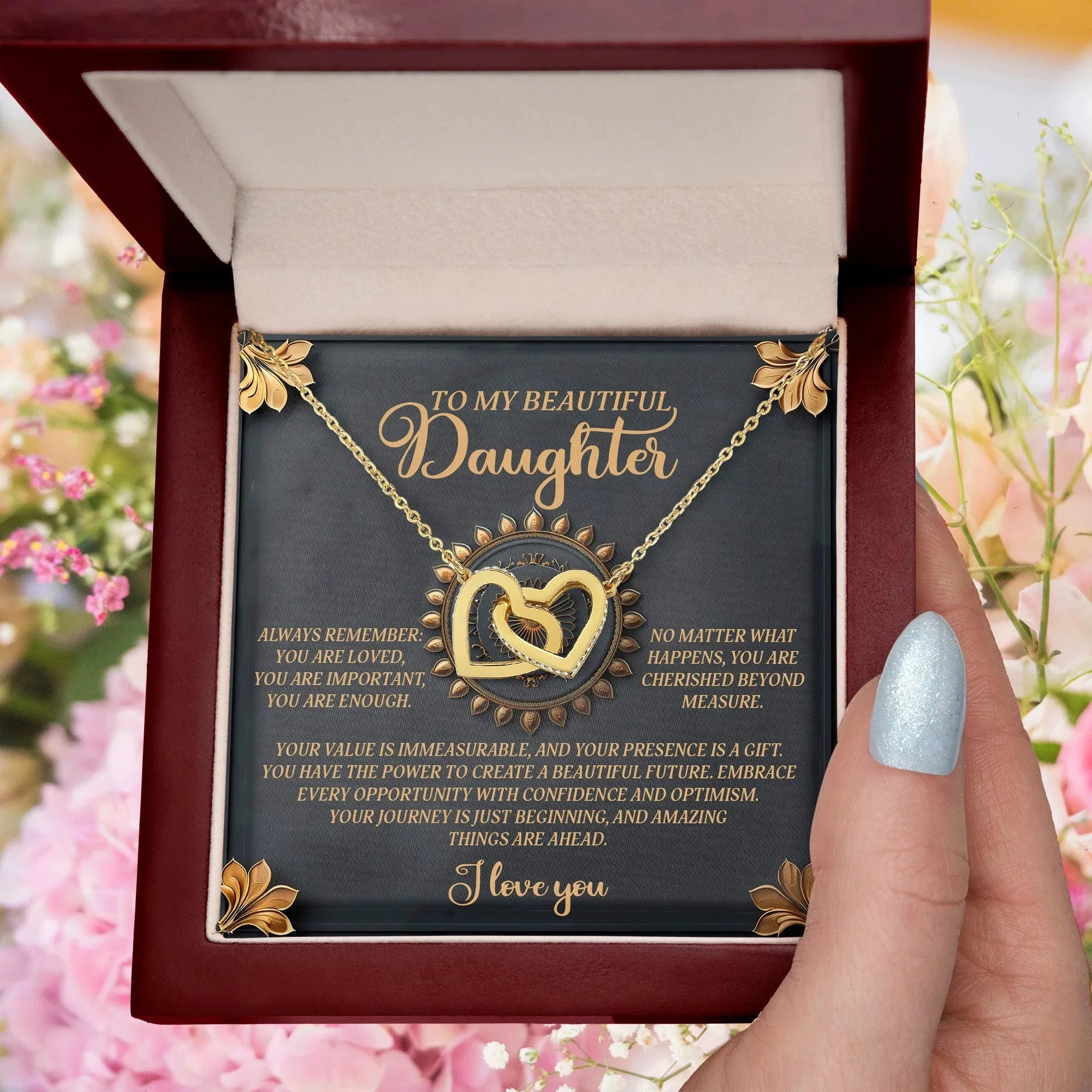 To My Beautiful Daughter - Inspirational Gift of Love & Confidence - Interlocking Hearts Necklace