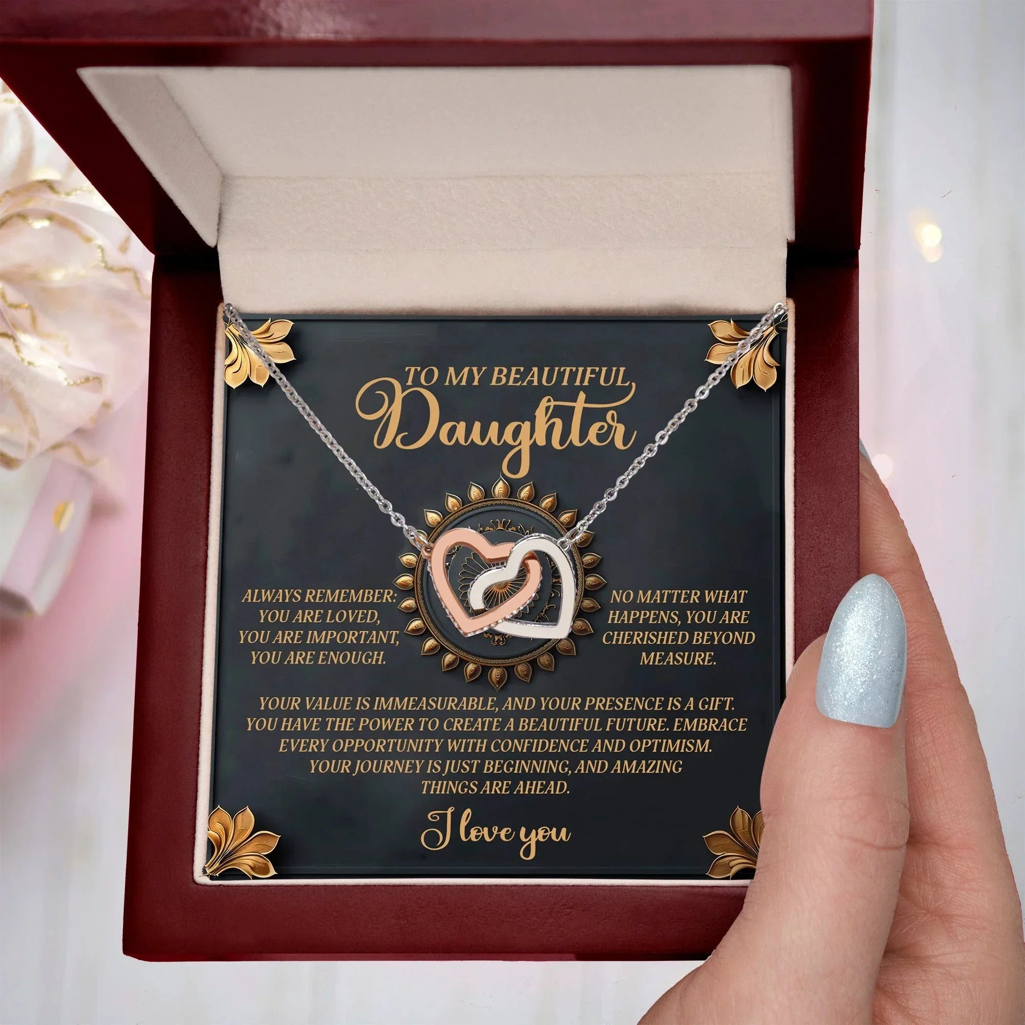 To My Beautiful Daughter - Inspirational Gift of Love & Confidence - Interlocking Hearts Necklace