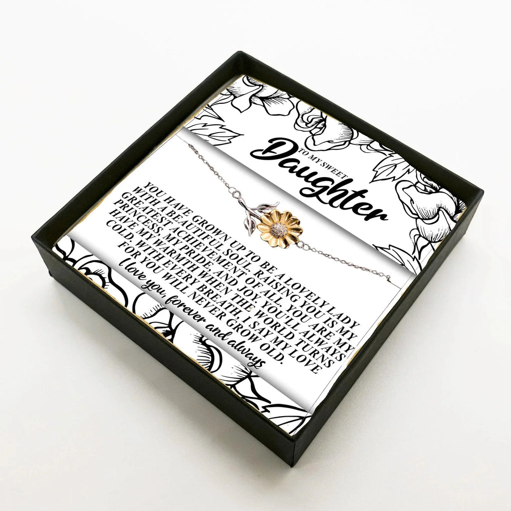 To My Sweet Daughter – You’ll Always Have My Warmth When the World Turns Cold – Sunflower Bracelet Gift from Mom or Dad with Message Card