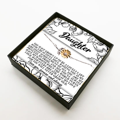To My Sweet Daughter – You’ll Always Have My Warmth When the World Turns Cold – Sunflower Bracelet Gift from Mom or Dad with Message Card - Mallard Moon Gift Shop