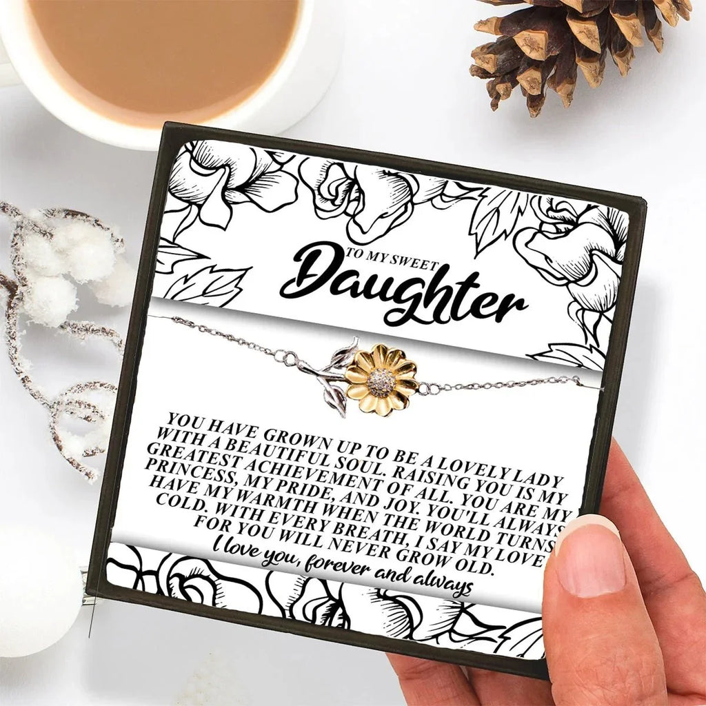 To My Sweet Daughter – You’ll Always Have My Warmth When the World Turns Cold – Sunflower Bracelet Gift from Mom or Dad with Message Card