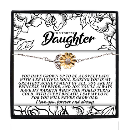 To My Sweet Daughter – You’ll Always Have My Warmth When the World Turns Cold – Sunflower Bracelet Gift from Mom or Dad with Message Card - Mallard Moon Gift Shop