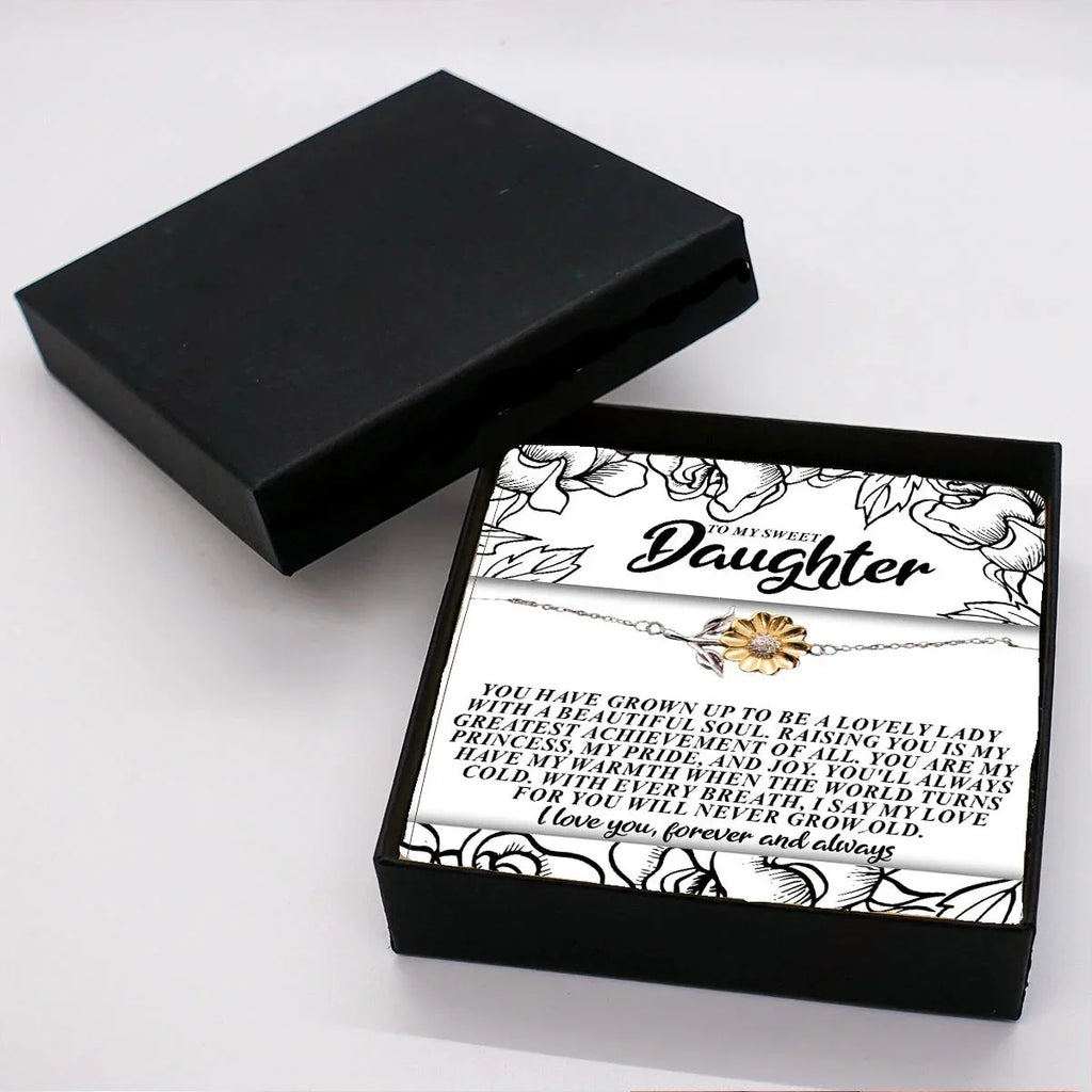 To My Sweet Daughter – You’ll Always Have My Warmth When the World Turns Cold – Sunflower Bracelet Gift from Mom or Dad with Message Card