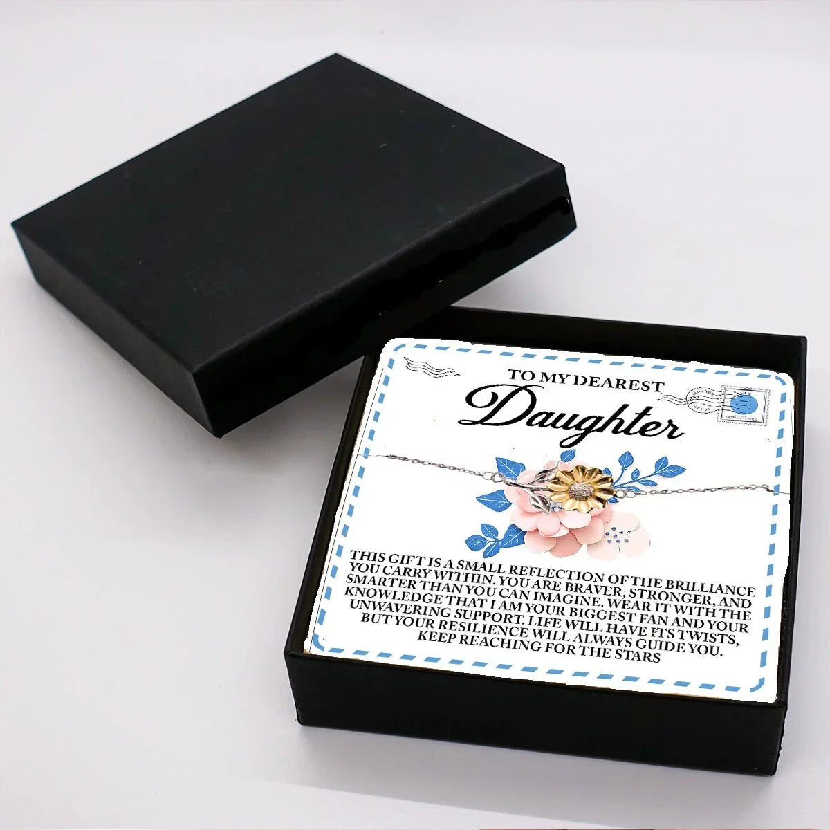 To My Dearest Daughter – Keep Reaching for the Stars - Sunflower Bracelet Gift with Message Card
