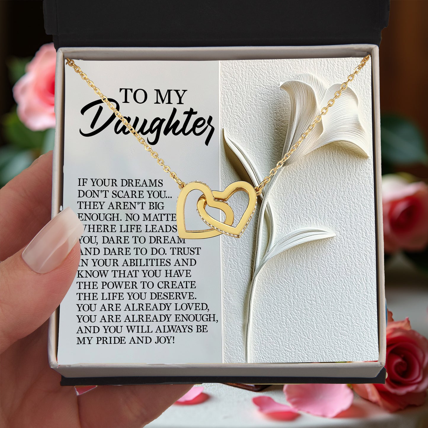 To My Daughter - Dare to Dream - Interlocking Hearts Necklace – Inspirational Gift for Strength & Ambition - Mallard Moon Gift Shop
