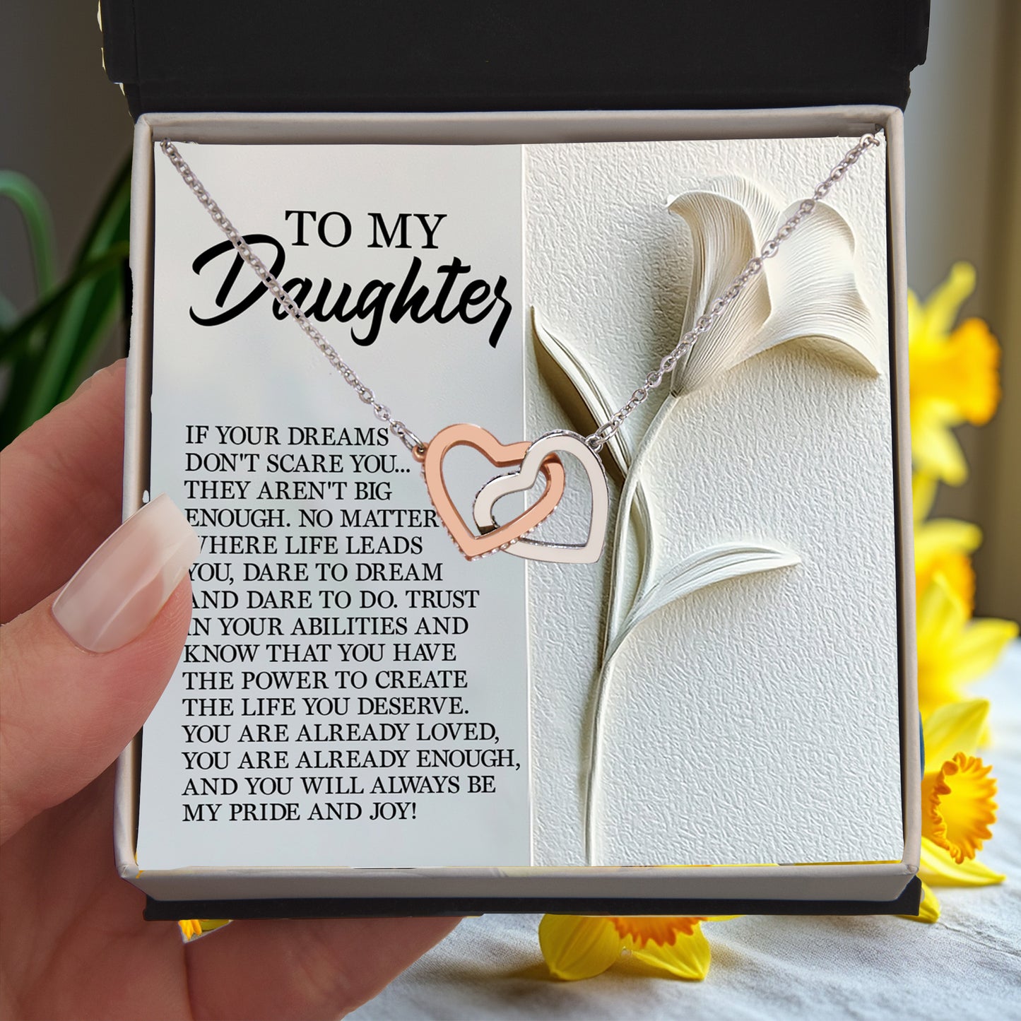 To My Daughter - Dare to Dream - Interlocking Hearts Necklace – Inspirational Gift for Strength & Ambition - Mallard Moon Gift Shop