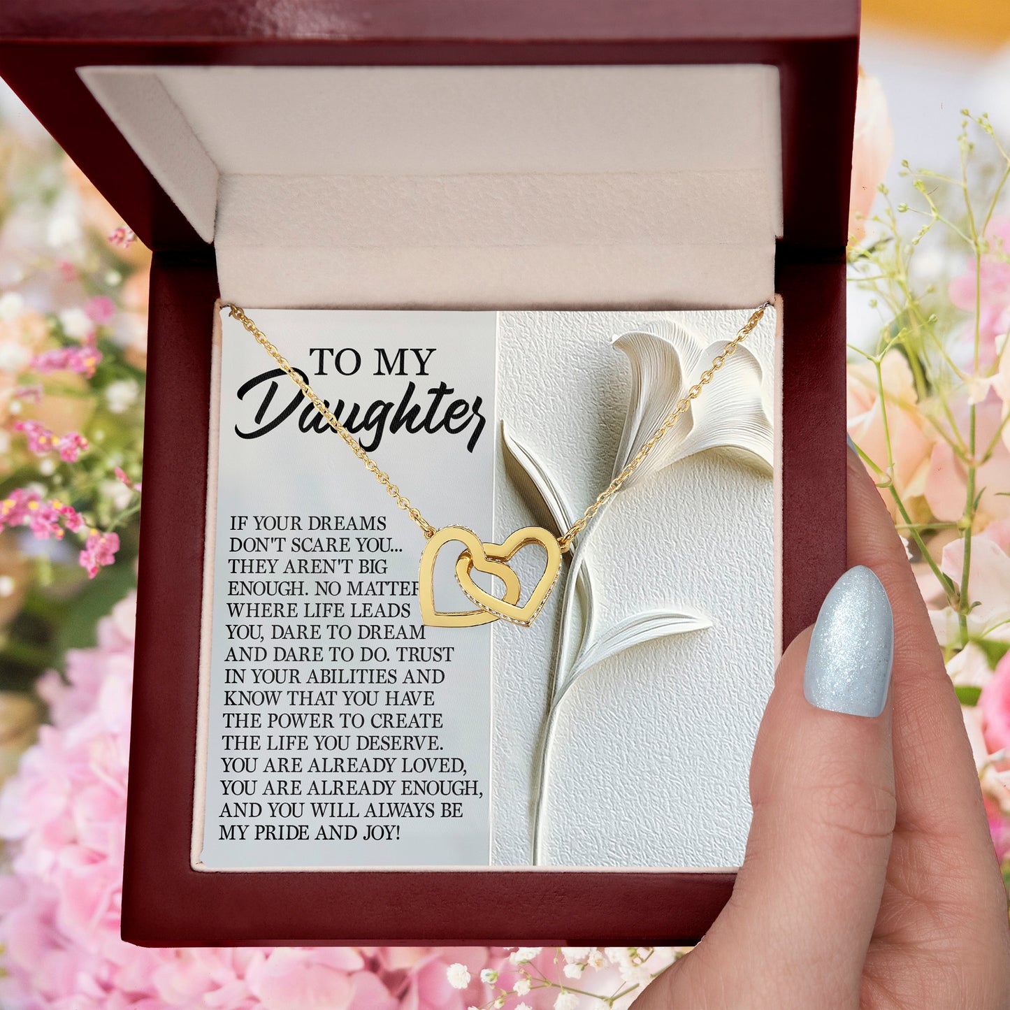 To My Daughter - Dare to Dream - Interlocking Hearts Necklace – Inspirational Gift for Strength & Ambition - Mallard Moon Gift Shop