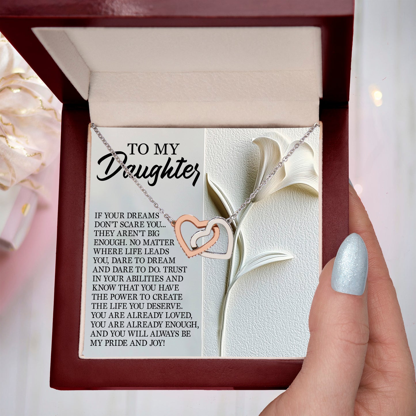To My Daughter - Dare to Dream - Interlocking Hearts Necklace – Inspirational Gift for Strength & Ambition - Mallard Moon Gift Shop