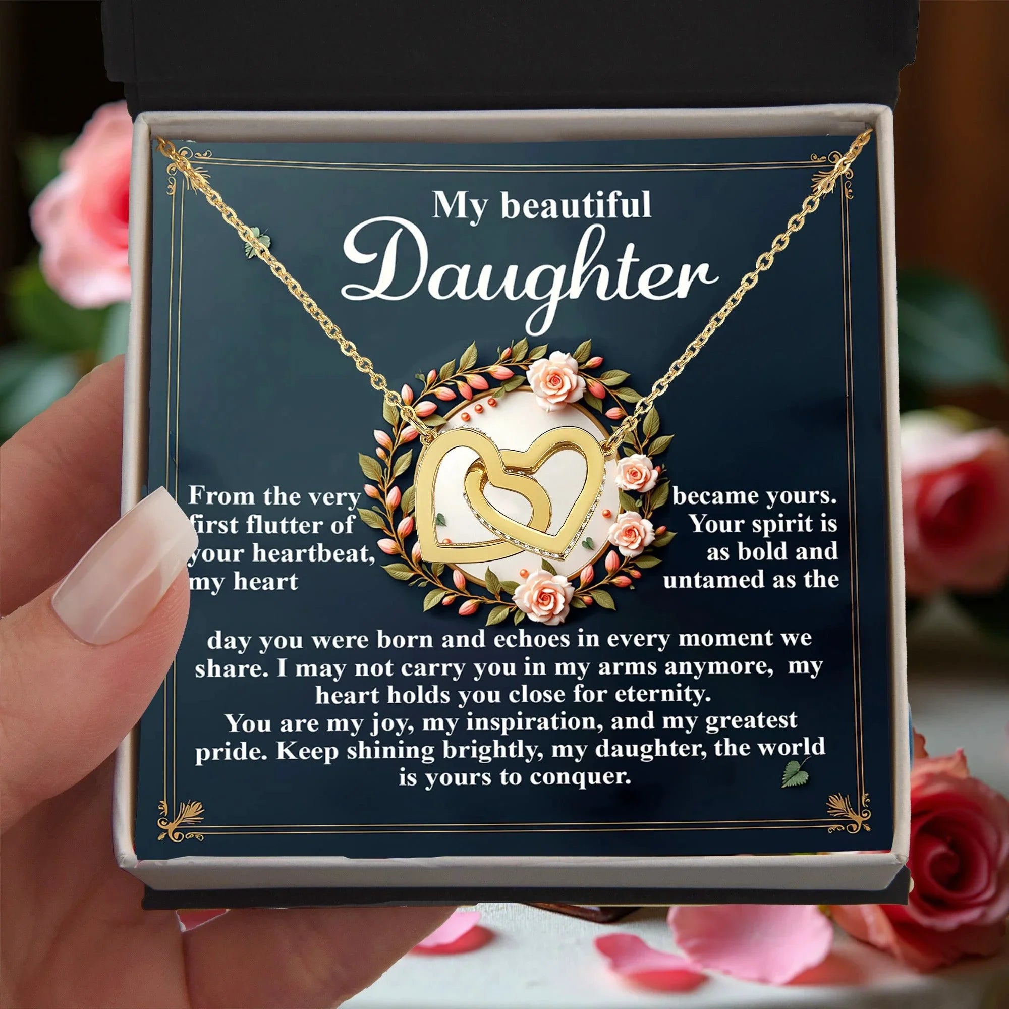 To My Beautiful Daughter - First Flutter of Your Heart Beat - Interlocking Hearts Necklace – Sentimental Gift of Love & Encouragement