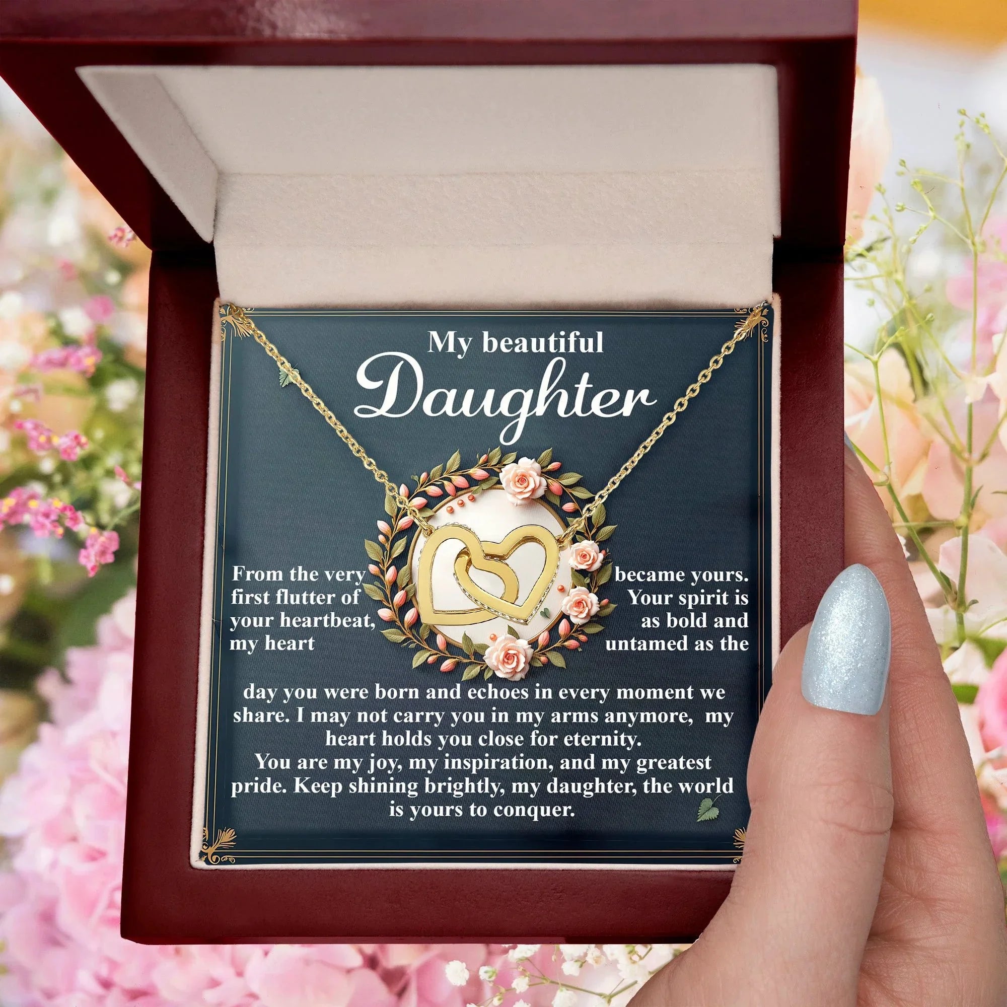 To My Beautiful Daughter - First Flutter of Your Heart Beat - Interlocking Hearts Necklace – Sentimental Gift of Love & Encouragement