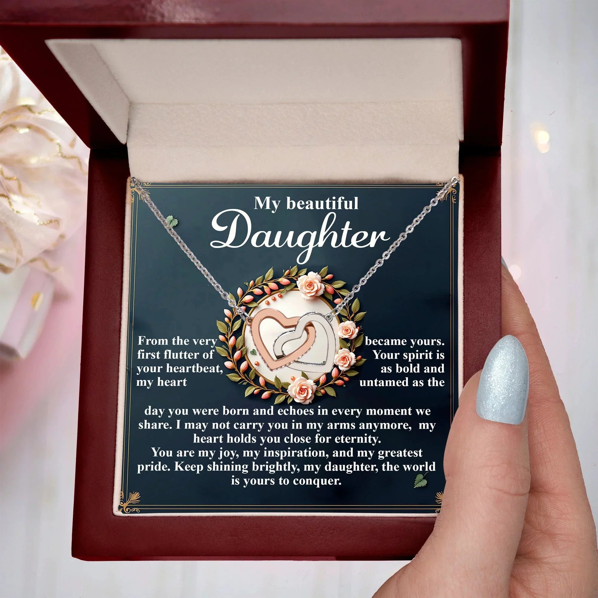 To My Beautiful Daughter - First Flutter of Your Heart Beat - Interlocking Hearts Necklace – Sentimental Gift of Love & Encouragement