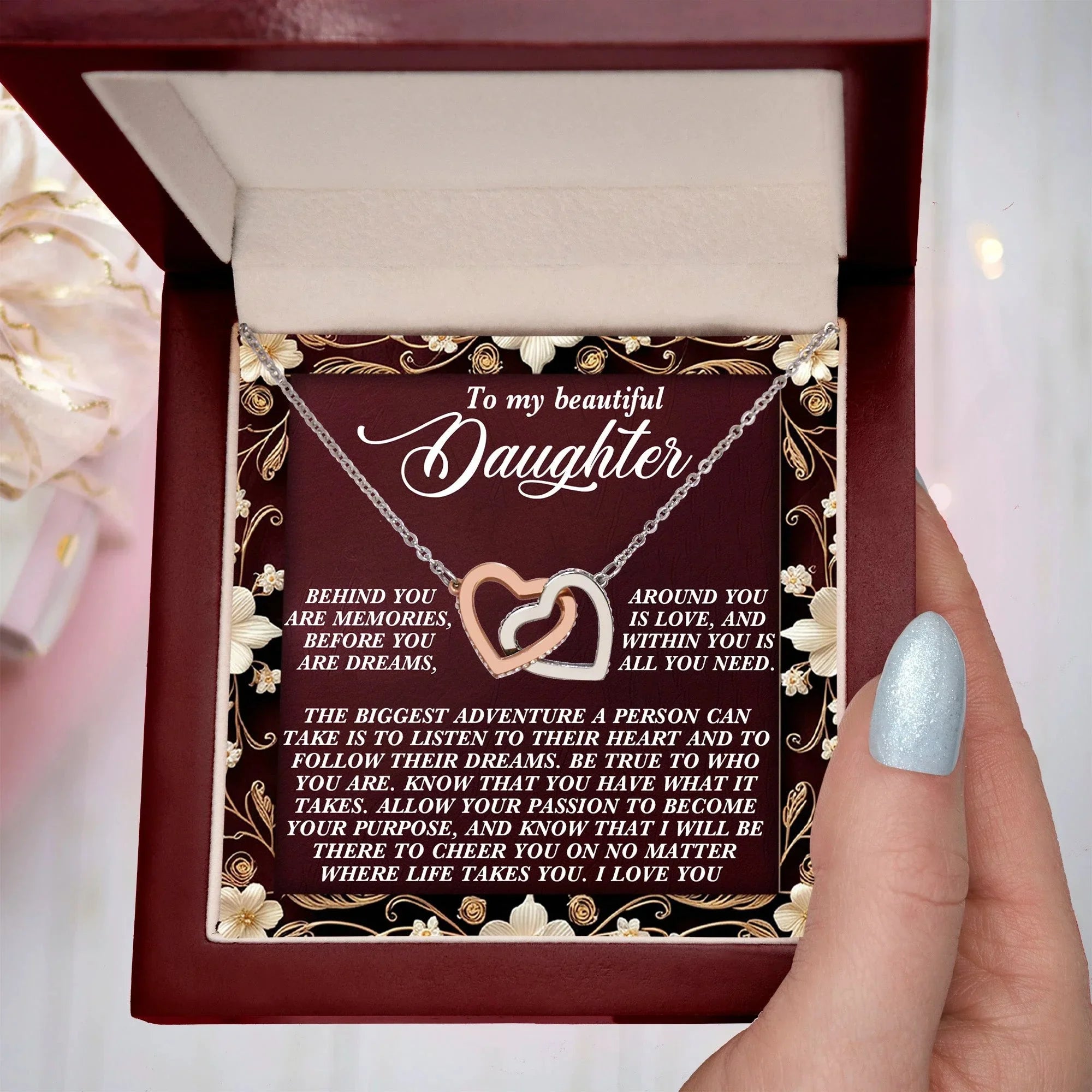 Gift for Daughter - Believe in Yourself & Follow Your Heart - Interlocking Hearts Necklace