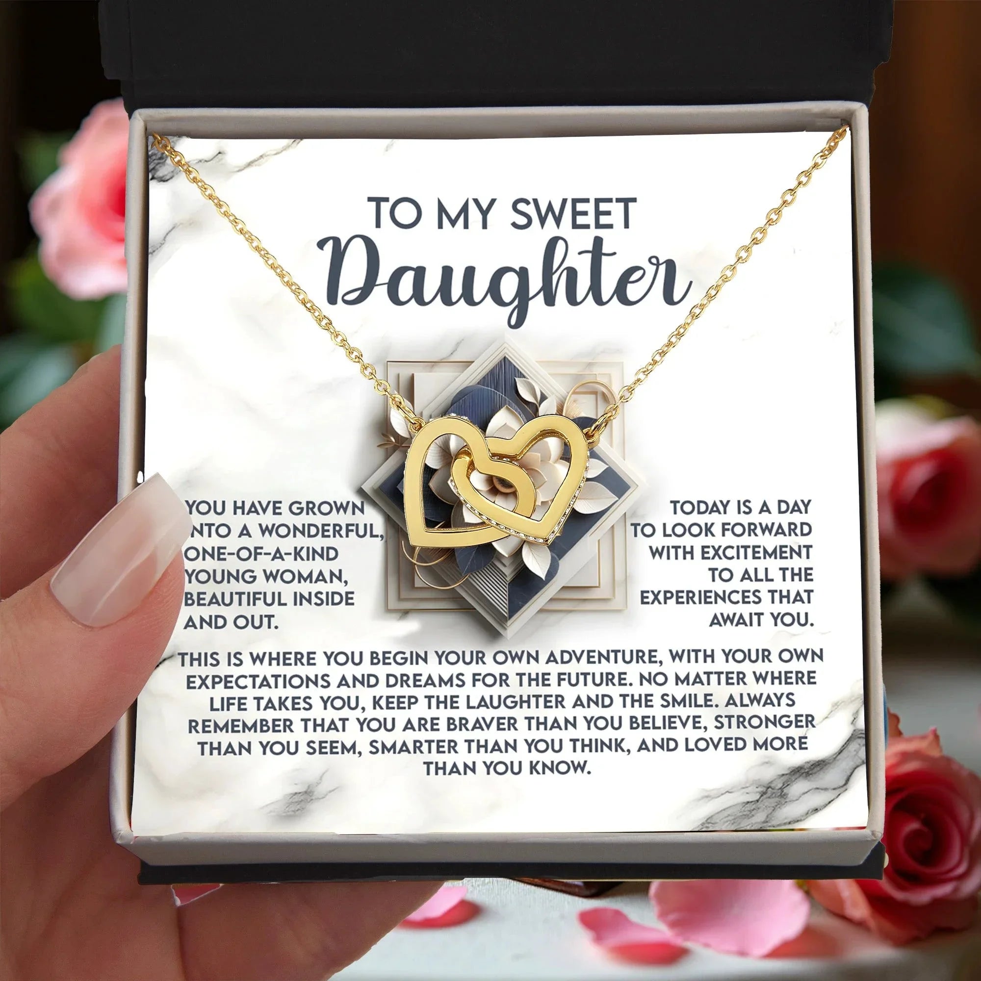 To My Sweet Daughter - Begin Your Adventure - Interlocking Hearts Necklace – Inspirational Gift for Confidence & Strength