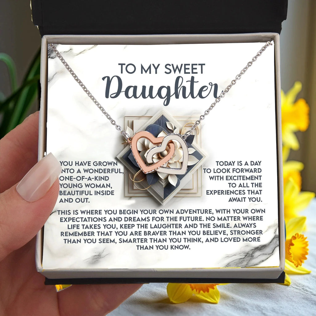 To My Sweet Daughter - Begin Your Adventure - Interlocking Hearts Necklace – Inspirational Gift for Confidence & Strength