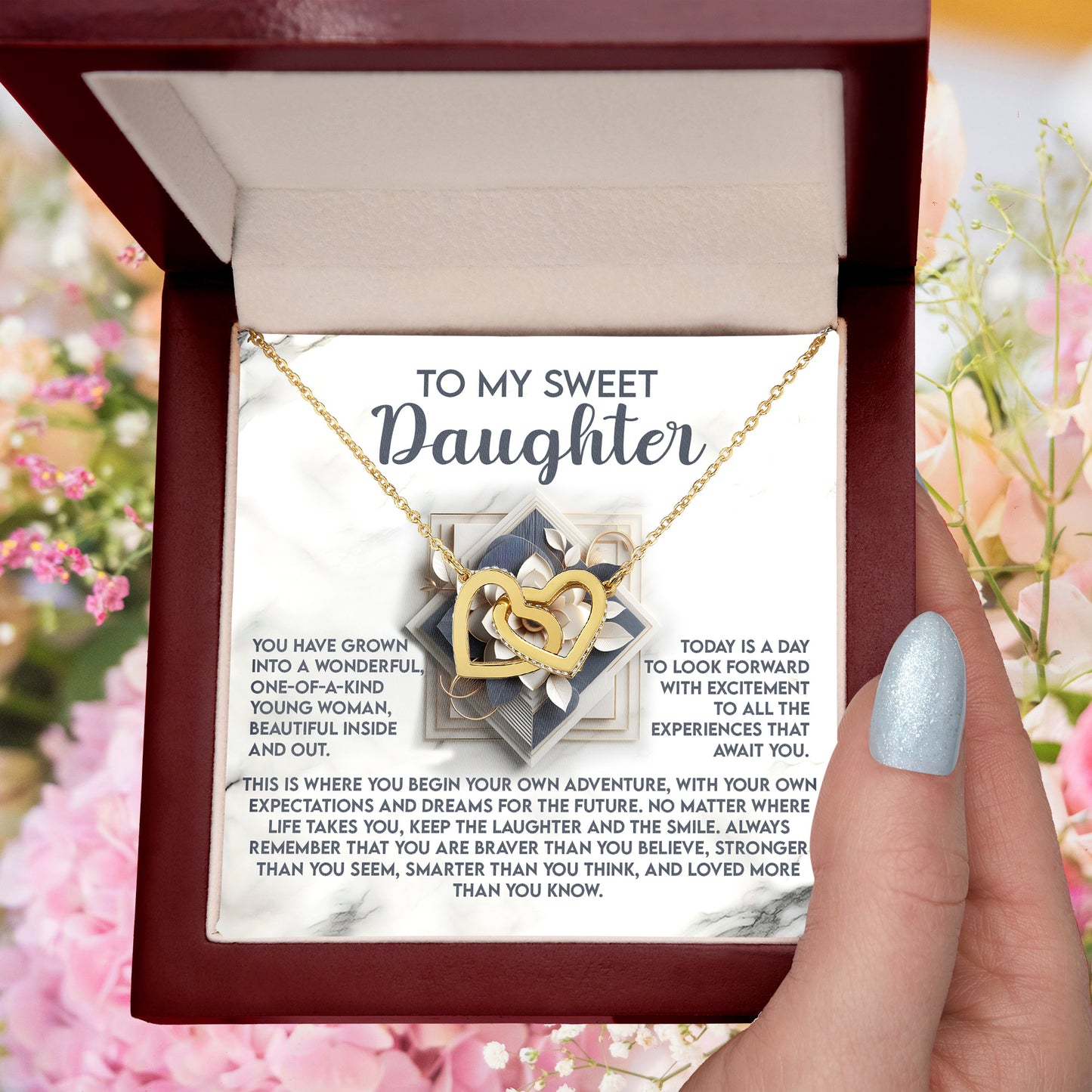 To My Sweet Daughter - Begin Your Adventure - Interlocking Hearts Necklace – Inspirational Gift for Confidence & Strength - Mallard Moon Gift Shop