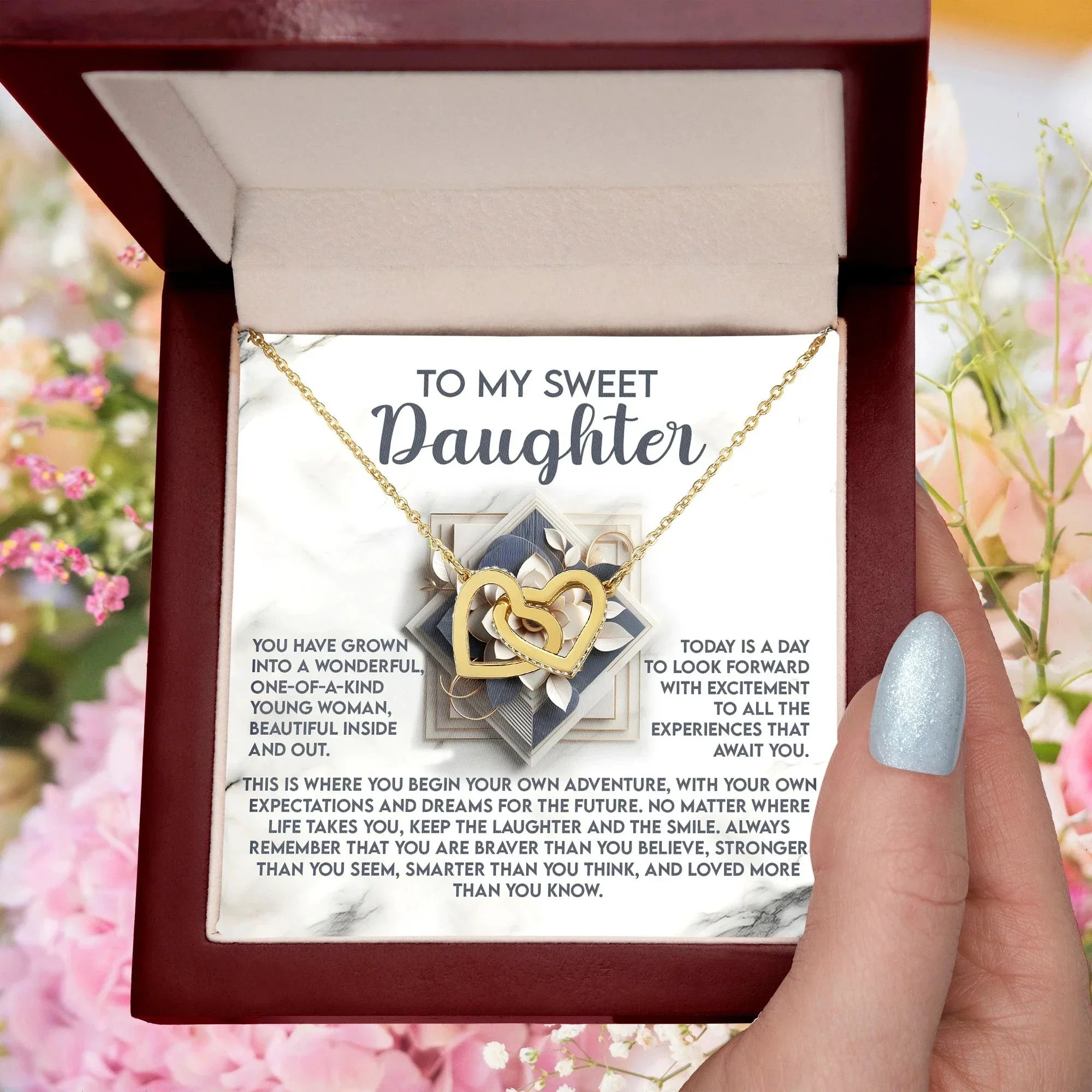To My Sweet Daughter - Begin Your Adventure - Interlocking Hearts Necklace – Inspirational Gift for Confidence & Strength