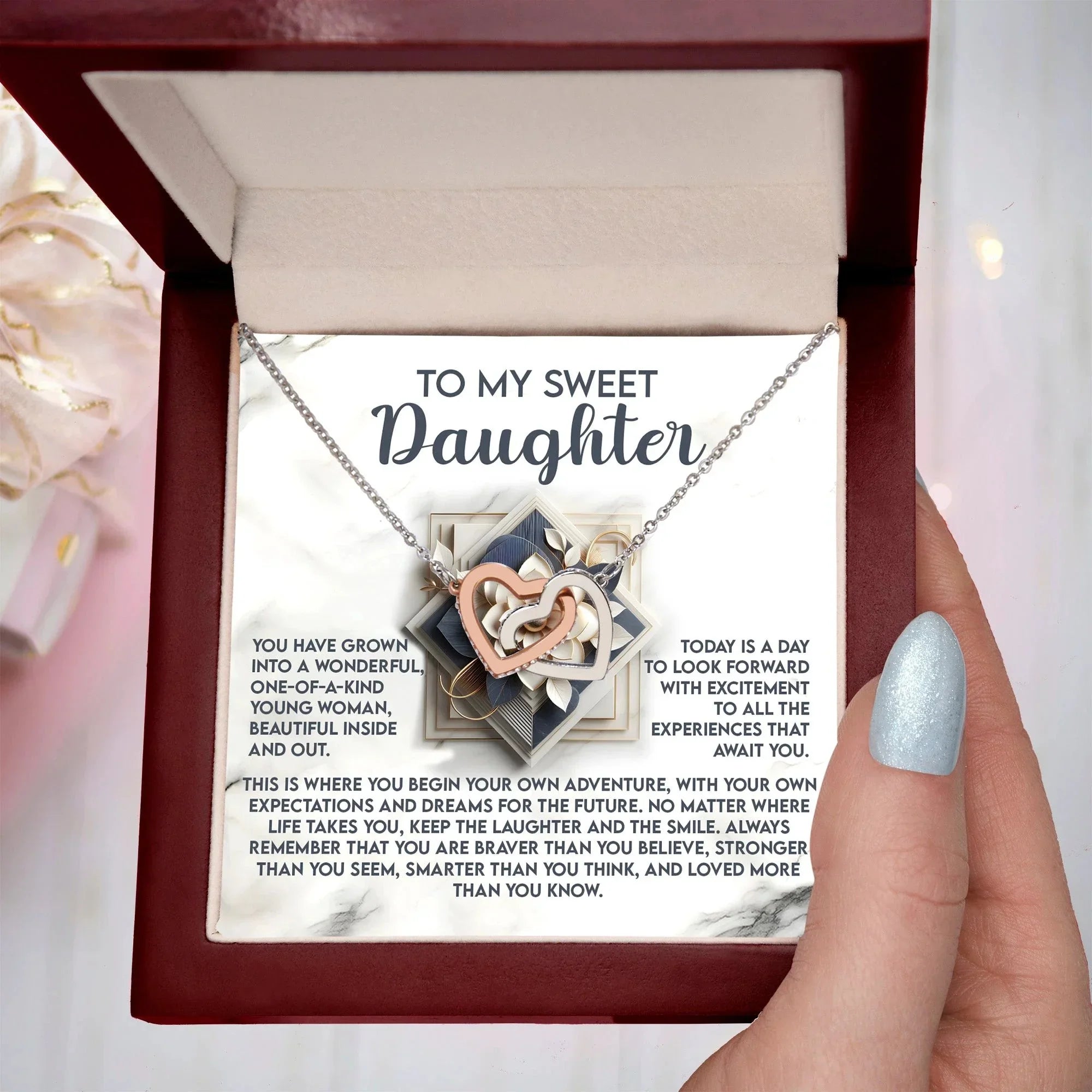 To My Sweet Daughter - Begin Your Adventure - Interlocking Hearts Necklace – Inspirational Gift for Confidence & Strength