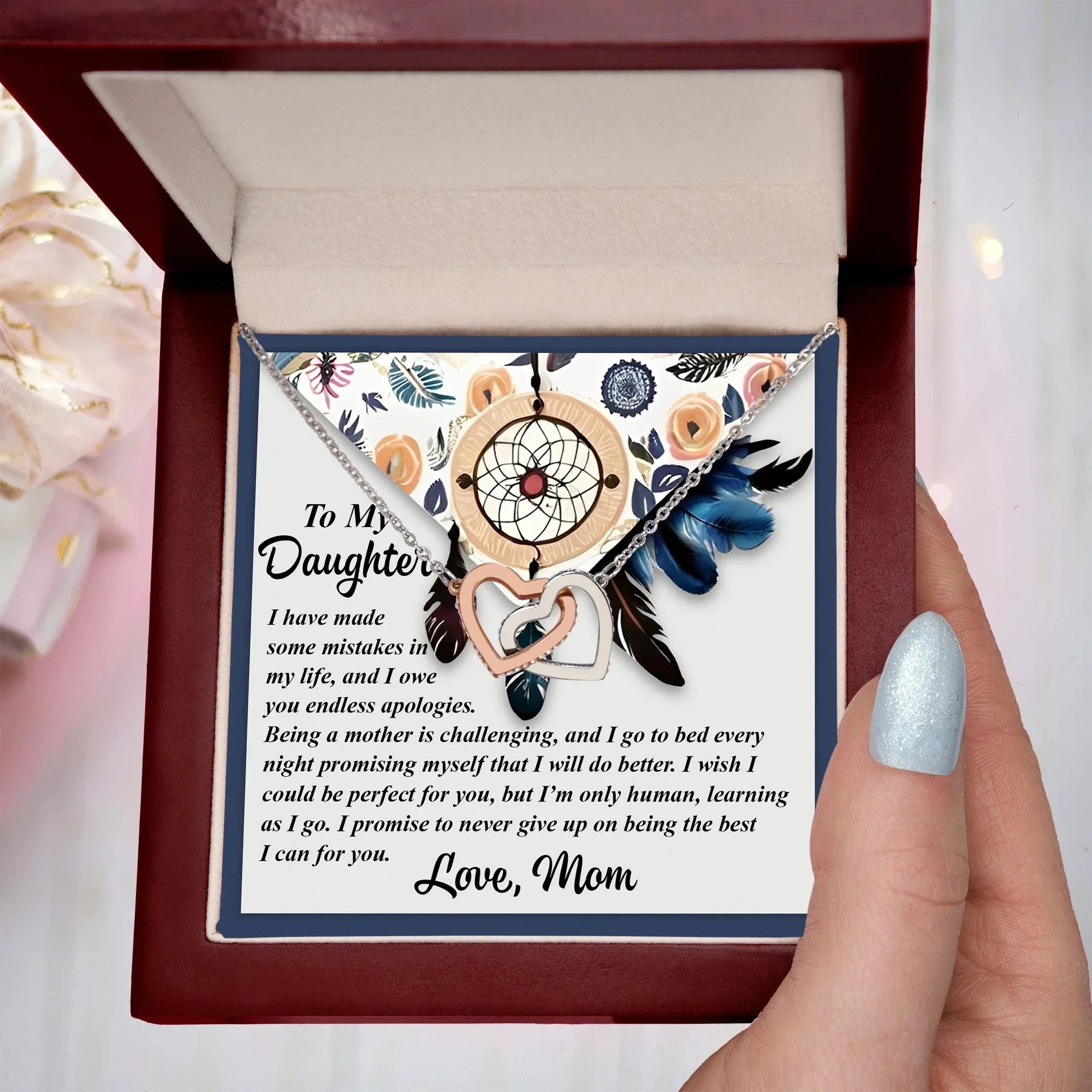 To My Daughter - Heartfelt Gift from Mom - Interlocking Hearts Necklace