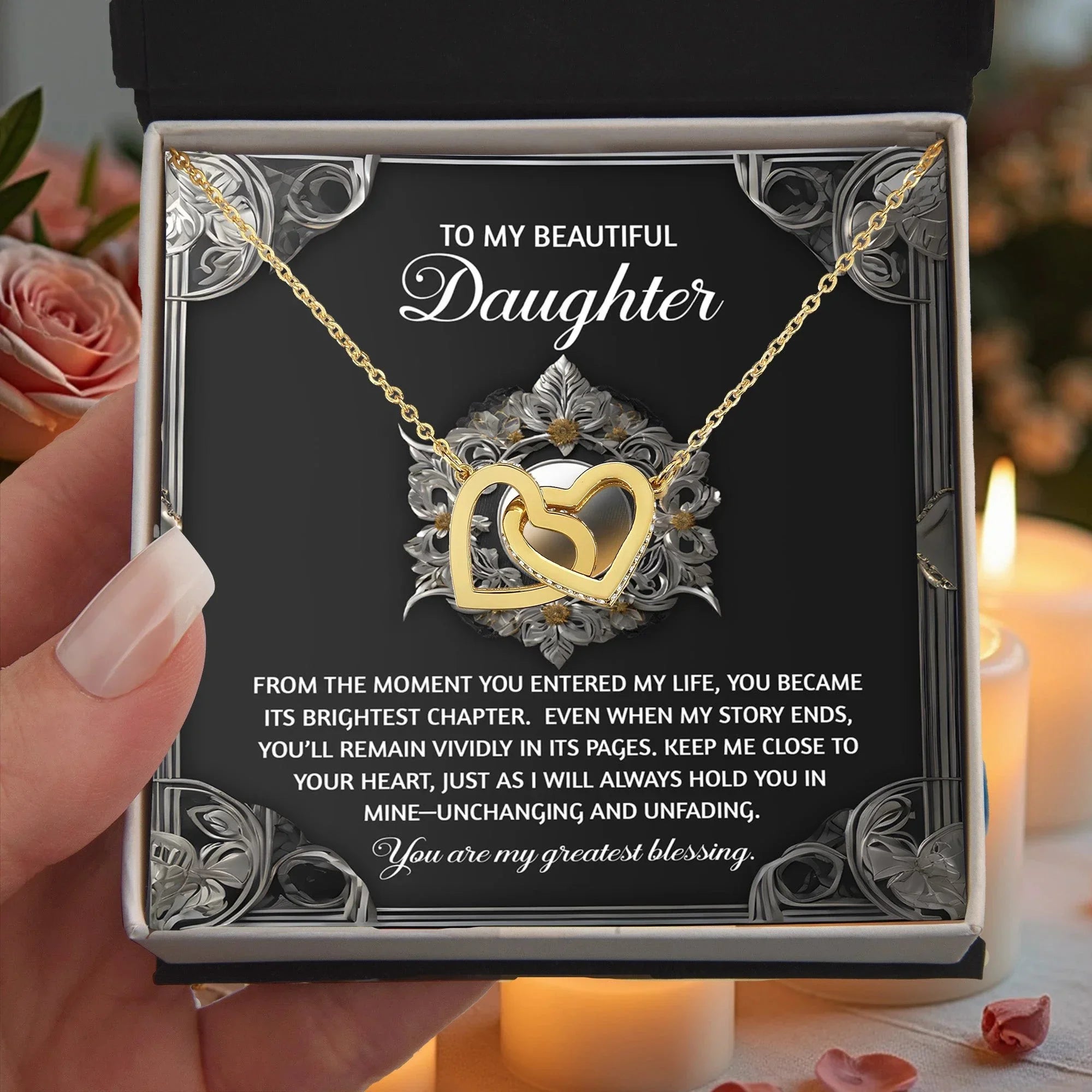 To My Beautiful Daughter - Interlocking Hearts Necklace with Sentimental Message – Birthday, Graduation, Christmas Jewelry – Luxury LED Box Option